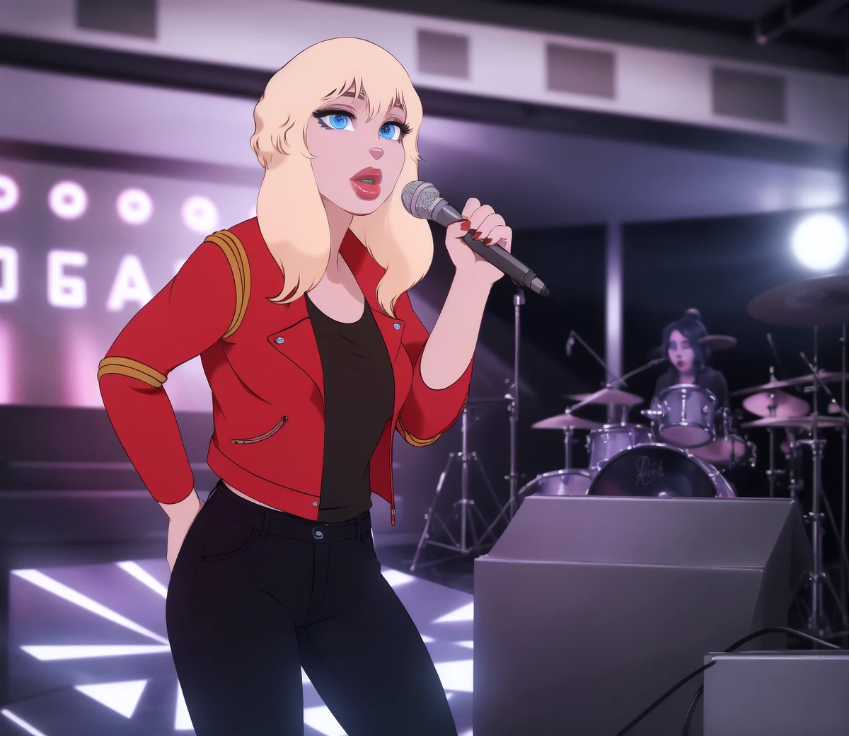 detailed background, ang3l, female, blonde hair, blue eyes, lips, singing, holding microphone, red jacket, black shirt, black pants,  <lora:AngelRR-01-BB95:1>