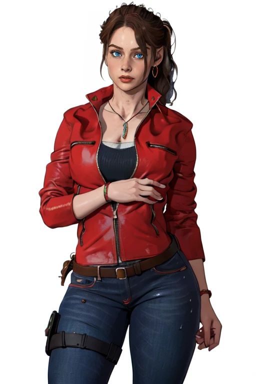 masterpiece,best quality,face detail,extreme detail,8k,white background,<lora:claireredfield:0.8>,claireredfield2,1girl,solo,blue eyes,brown hair,jewelry,jacket,ponytail,belt,pants,necklace,red jacket,jeans,wide hips,thighs,medium breats,