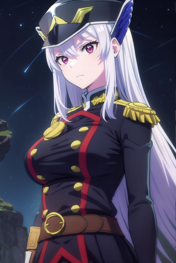 kyoukauzen, <lora:kyouka uzen s1-lora-nochekaiser:1>,
kyouka uzen, long hair, (red eyes:1.3), very long hair, white hair,
BREAK thighhighs, gloves, hat, boots, belt, sword, uniform, zettai ryouiki, military, military uniform, thigh boots, shako cap,
BREAK outdoors, space, starry sky, star \(sky\), moon,
BREAK looking at viewer, (cowboy shot:1.5),
BREAK <lyco:GoodHands-beta2:1>, (masterpiece:1.2), best quality, high resolution, unity 8k wallpaper, (illustration:0.8), (beautiful detailed eyes:1.6), extremely detailed face, perfect lighting, extremely detailed CG, (perfect hands, perfect anatomy),