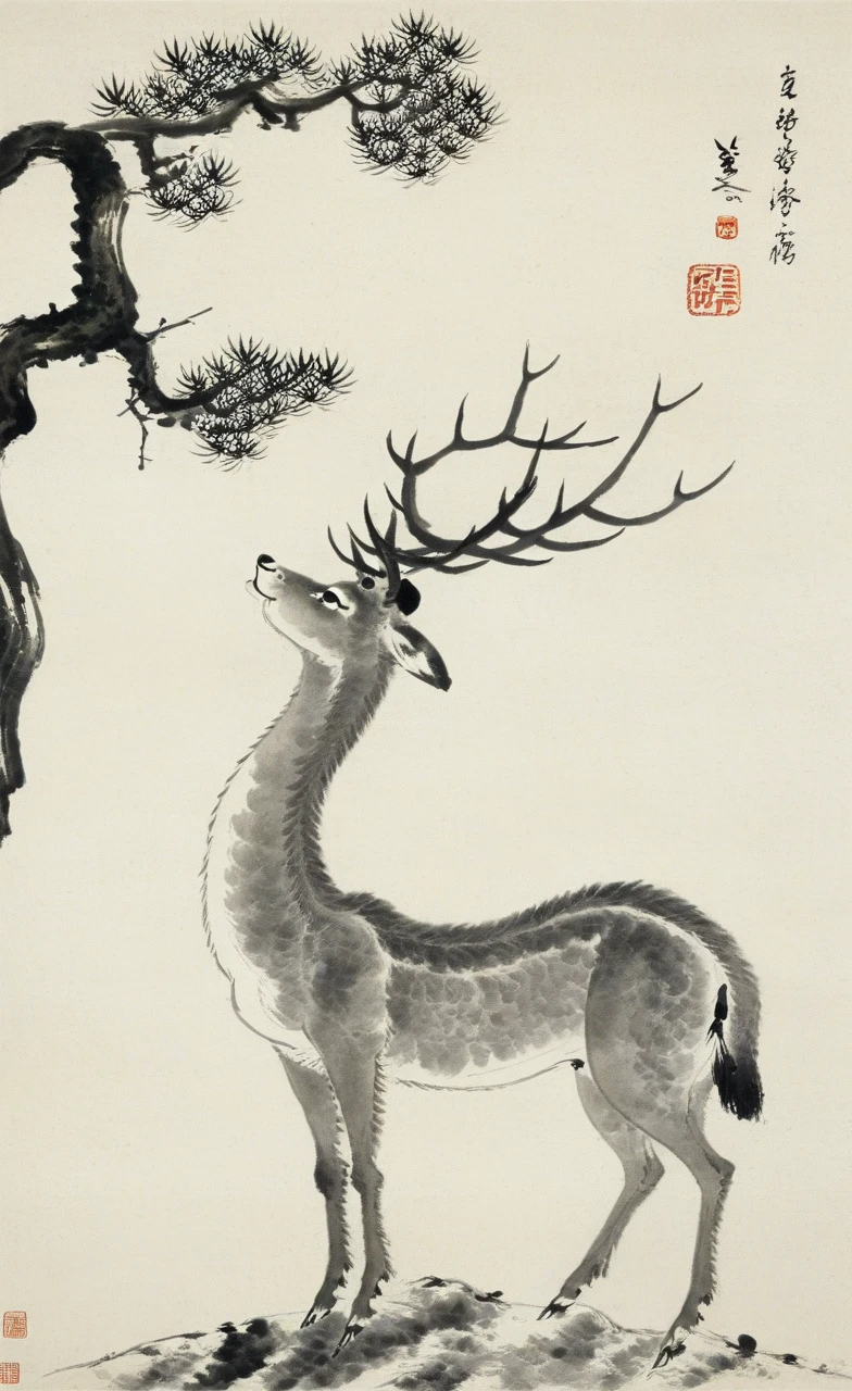 <lora:å
«å¤§å±±äººç»é£-000009:0.8>,no humans, fine art parody, tree, deer, traditional media, branch, antlers, animal, solo, monochrome, animal focus, signature, pine branches, traditional asian art, vertical composition, brushwork, black and white, paper texture, wildlife, nature, calm expression, ancient artistic style, stamp seal, fine art, elegance, serenity., Chinese text, calligraphy, ink wash painting, traditional chinese painting,
