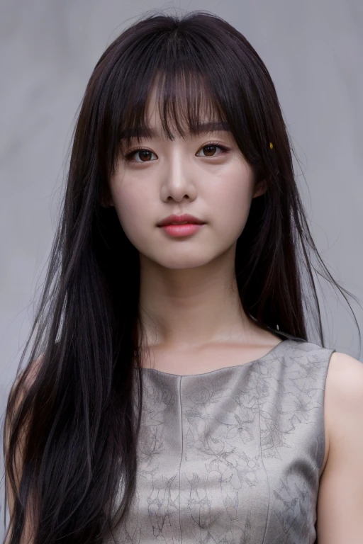 masterpiece, best quality, ultra-detailed, ultra high res, (photorealistic:1.4), raw photo, (realistic:0.2), 8k HDR, 1girl, solo, standing, (looking at viewer), realistic lighting, asymmetrical straight hair, (detailed skin), (detailed face), ((simple gray background :1.1)), (full body:1.2), simple dress, sleeveless,