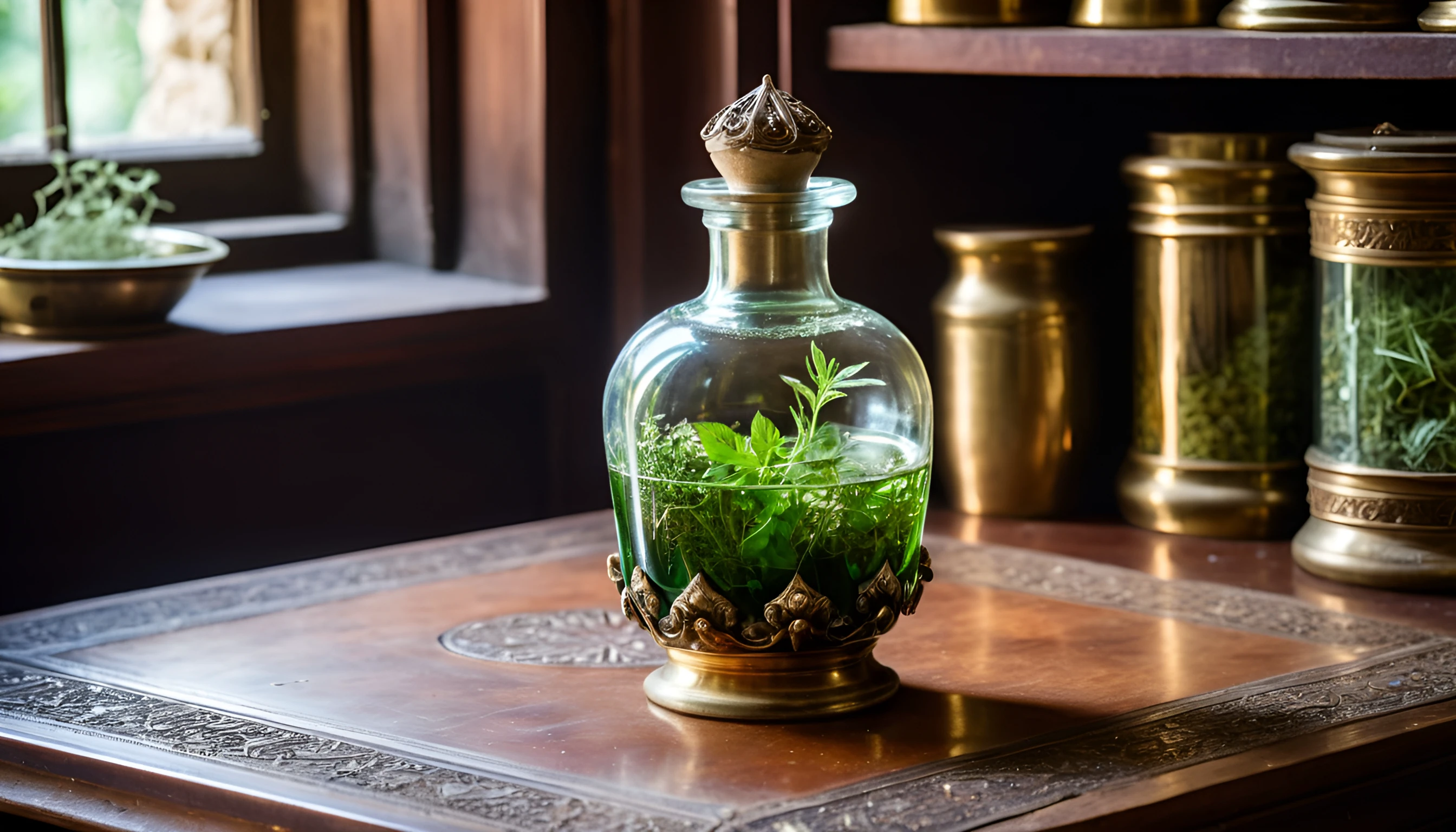freshly made magical herbal potion in an ornate glass bottle on the table, in an ancient apothecary, angled shot, midday warm, Nikon D850 105mm, close-up