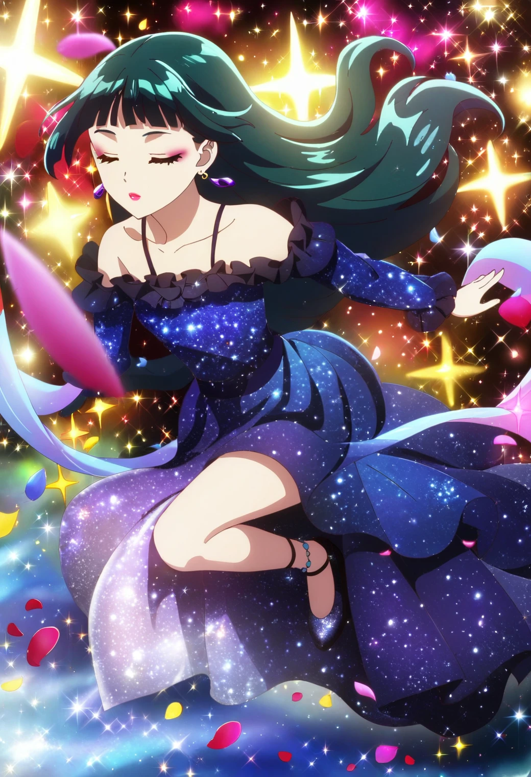 1girl, maomao, <lora:maomao_ponyxl_v1:0.9>, solo, green hair, long hair, blue eyes, BREAK
maomao, solo, sparkling dress, blue dress, closed eyes, earrings, full body, floating hair, floating clothes, sparkle background, starry background, midriff, collarbone, sparkling footwear, layered dress, petals, falling petals, jewelry, long sleeves, sidelocks, blunt bangs, straight hair, hair beads, purple earrings, star earrings, glint, sparkle, partially bare shoulders, lipstick, makeup, pink mascara, pink eyeliner, BREAK
score_9, score_8_up, score_7_up, score_6_up, score_5_up, score_4_up, anime, BREAK
(high quality, detailed, beautiful), shiny, detailed beautiful eyes, outstanding, countershading, detailed soft lighting
