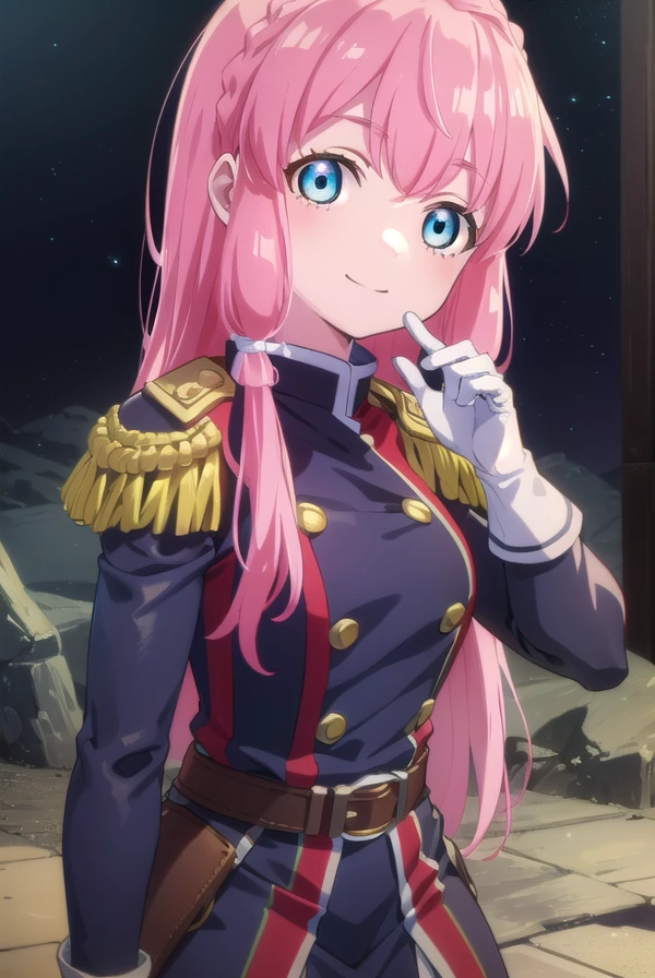 neiookawamura, <lora:nei ookawamura s1-lora-nochekaiser:1>,
nei ookawamura, long hair, blue eyes, hair ornament, pink hair, braid, smile,
BREAK gloves, boots, belt, skirt, uniform, military, military uniform, epaulettes,
BREAK outdoors, space, starry sky, star \(sky\), moon,
BREAK looking at viewer, (cowboy shot:1.5),
BREAK <lyco:GoodHands-beta2:1>, (masterpiece:1.2), best quality, high resolution, unity 8k wallpaper, (illustration:0.8), (beautiful detailed eyes:1.6), extremely detailed face, perfect lighting, extremely detailed CG, (perfect hands, perfect anatomy),