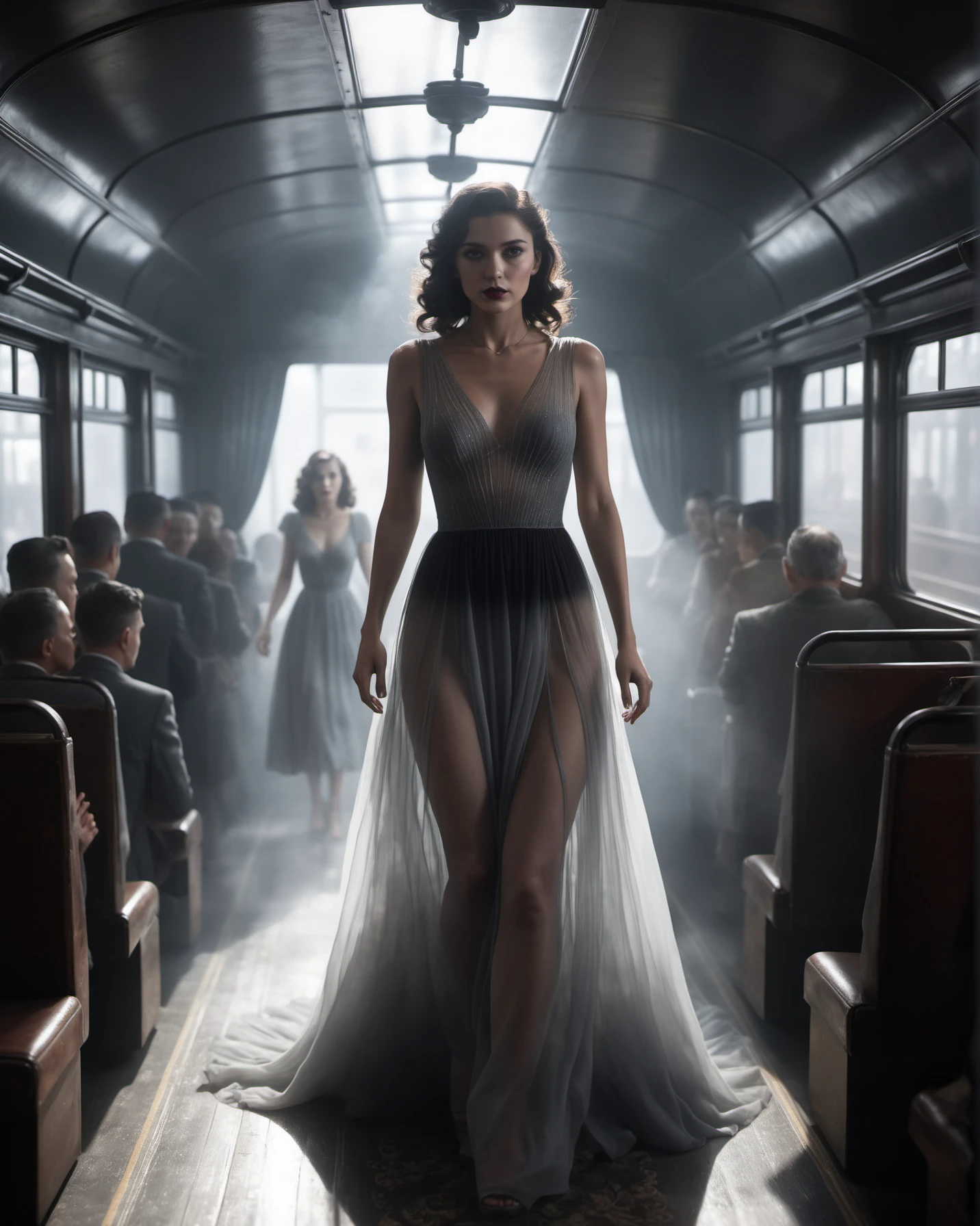 demonic, spooky, scary shadow figure woman emerging from the darkness wearing a sheer flowing transparent dress, black and grey gradient, foggy, realistic, 8k, unreal engine, cinematic, walking down the aisle inside of a crowded 1940's passenger traincar full of people