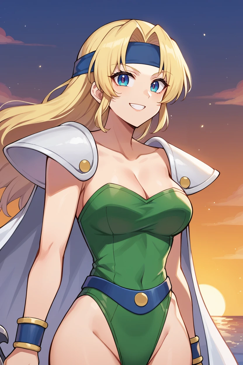 score_9, score_8_up, source_anime, 1girl, solo BREAK <lora:celeschere-pdxl-nvwls-v1-000006:0.9> celes chere, blonde hair, blue headband, green leotard, white cape, shoulder pads, bracelets, cleavage, looking at viewer, smile, ocean, sunset, holding sword, upper body