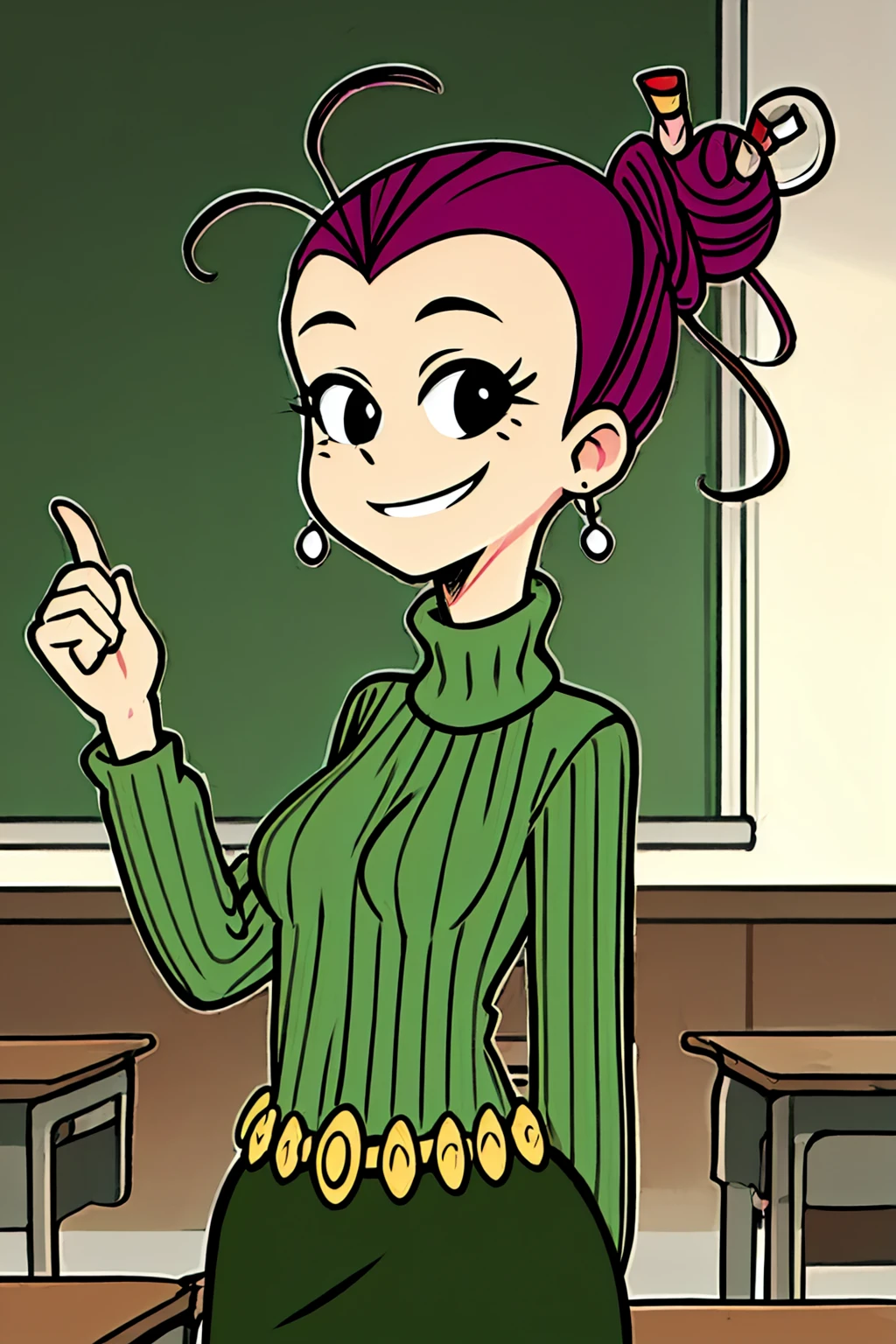 <lora:AgnesJohnson1.0:0.9> agnesj, 1girl, turtleneck, pencil in hair, solo, hair bun, single hair bun, green sweater, belt, smile, green skirt,black eyes,upper body,looking at viewer, classroom,