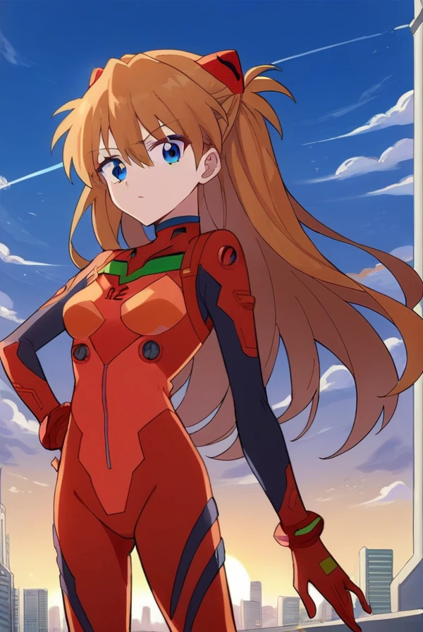 score_9, score_8_up, score_7_up, score_6_up, score_5_up, score_4_up,
BREAK source_anime, 
asukalangley, <lora:asuka_langley_soryuu-sdxl-lora-nochekaiser:1>,
asuka langley soryu, long hair, bangs, blue eyes, brown hair, hair ornament,
bodysuit, pilot suit, plugsuit, (red bodysuit:1.5), interface headset,
outdoors, city, cityscape, sky, sun, clouds,
looking at viewer, cowboy shot,