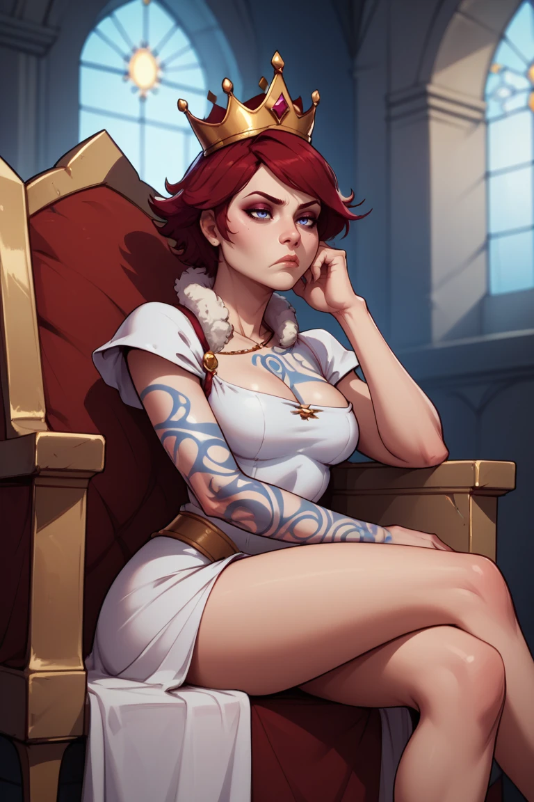 score_9, score_8_up, score_7_up, BREAK , 1girl, solo, breasts, <lora:lilithbl2-guy-v1PONXL:.9>, lilithbl2, tattoo, makeup, sitting, crown, castle, bored, head on head, throne, window, red hair,