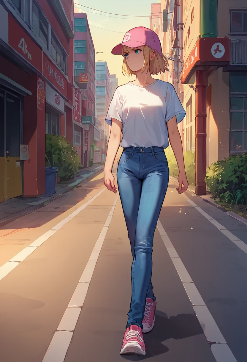 score_9, score_8_up, score_7_up, source_anime, solo focus, 1girl, cha hae-in, expressionless, looking away, walking, pink headwear, baseball cap, v-shaped eyebrows, white t-shirt, jeans, outdoors, city street <lora:sololeveling_chahae-in_ponyXL:1>