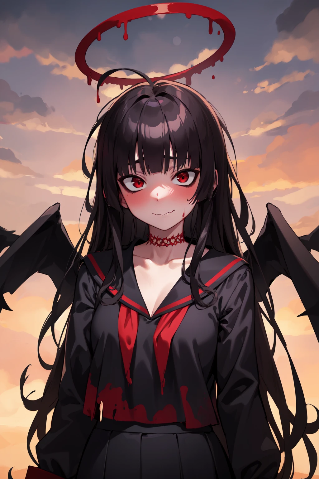 best quality masterpiece, AkagiV5, 1girl, solo, black hair, black kimono, brown tail, partially fingerless gloves, japanese clothes, kimono, long hair, looking at viewer, ((red eyes)), smile, glowing eyes, hands on own face, spider lily, sakuramon, ((blood swirl)), (yandere:1.4), (glowing eyes:1.4), crazy eyes,