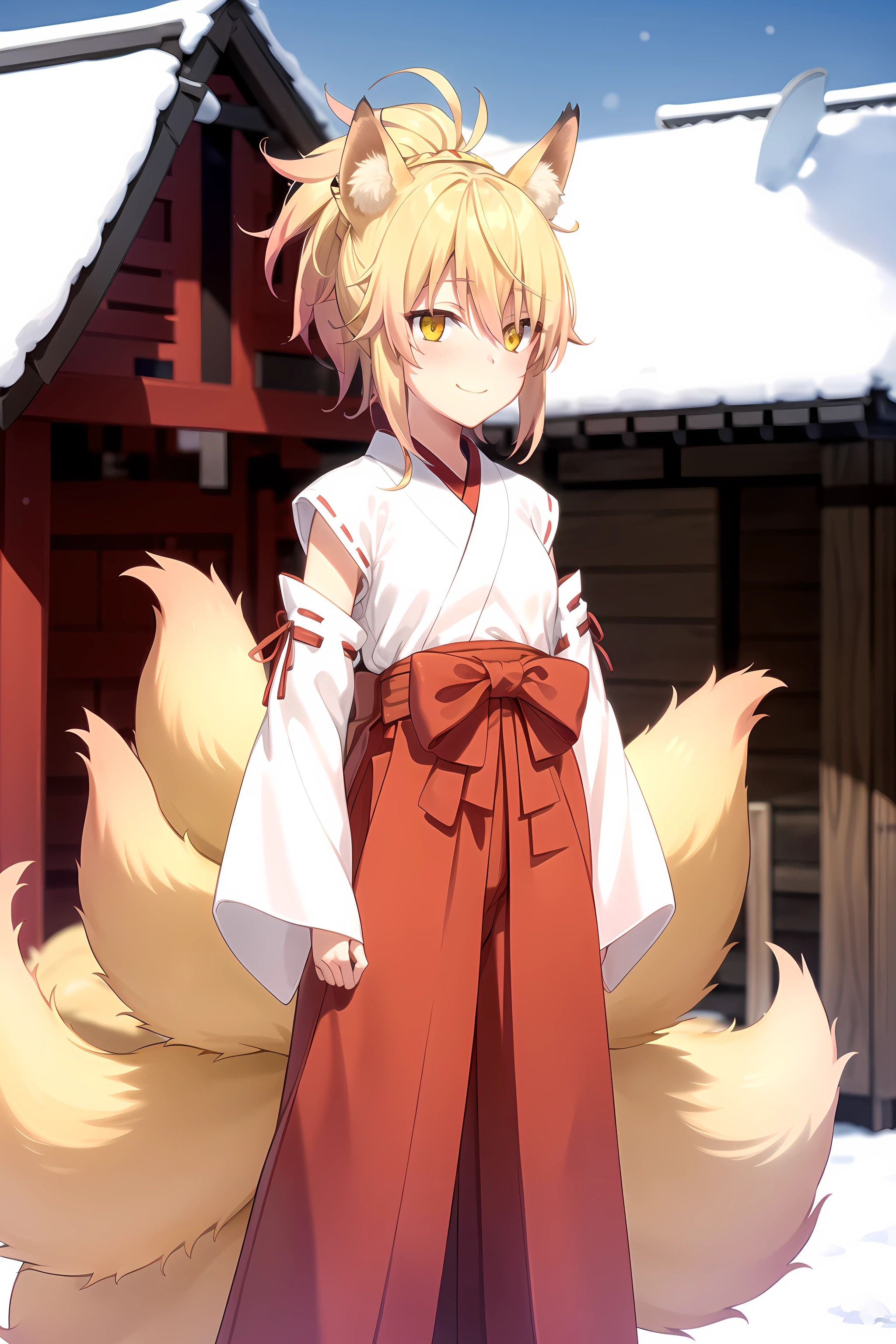best quality, masterpiece, detailed,
<lora:HighSchoolDxD_Kunou:0.9>, Kunou,
1girl, closed mouth, smile, blush,
blonde hair, ponytail, yellow eyes, fox ears, fox tail, multiple tails,
miko, kimono, (red hakama:1.2),
standing, looking at viewer, arms at sides,
snow, shrine, pagoda