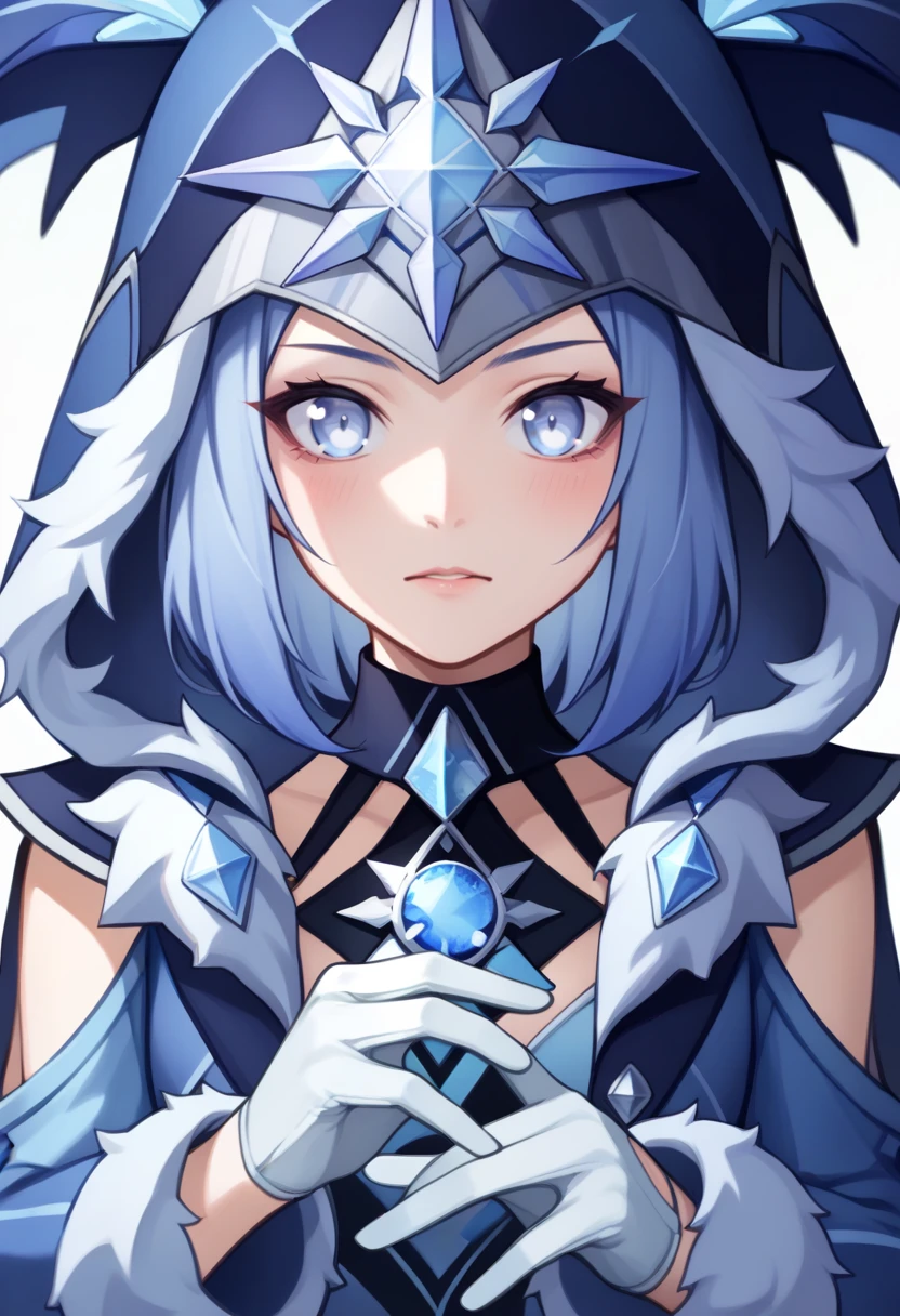 score_9, score_8_up, score_7_up, source_anime BREAK 1girl, solo, <lora:cryocicin-gi-richy-v1_pdxl:1> cryocicin, blue hair, white eyes, hood, hooded cloak, blue dress, halterneck, fur trim, long sleeves, white gloves, diamond \(gemstone\)