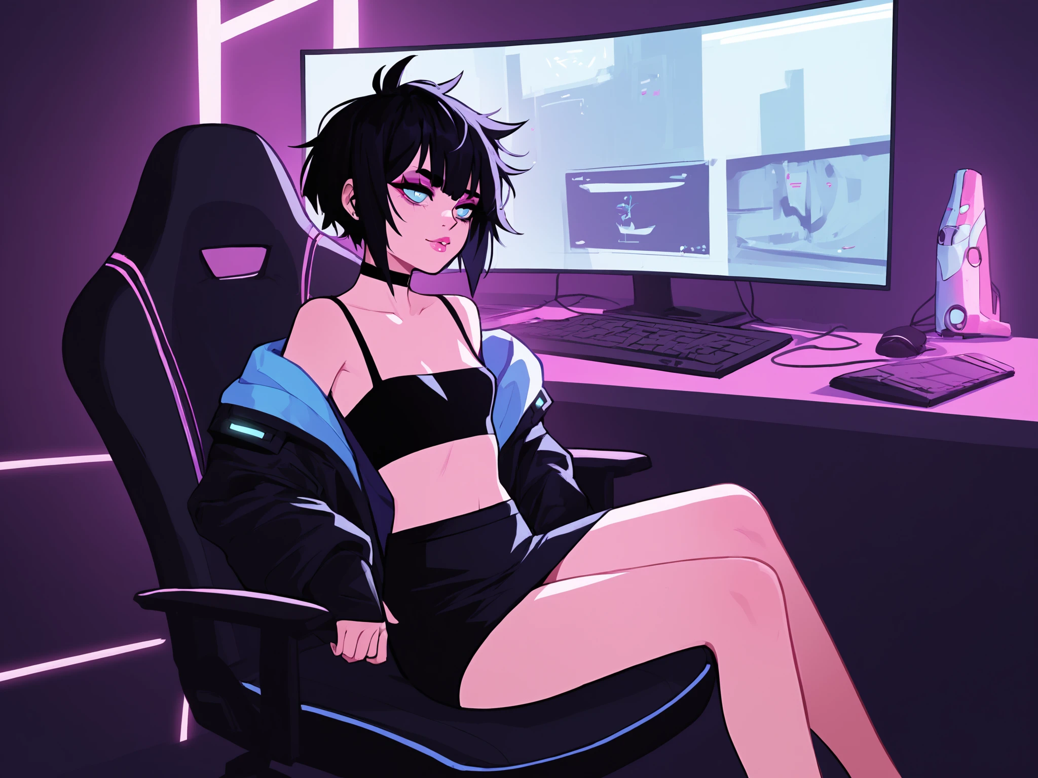 score_9, score_8_up, score_7_up, score_6_up, score_5_up, score_4_up, rating_safe,
BREAK
girl with black hair, short hair, messy hair, tomboy, light blue eyes, pink lips, pink eyeshadow,
BREAK
solo, sitting, black tube top, black microskirt, black crop top jacket, black choker, small breasts, groin, bare legs, skinny,
BREAK
bedroom, dark, cyberpunk, neon, computer, gaming chair, <lora:Lunas-AsteroidIll-SDXL-A1:1>