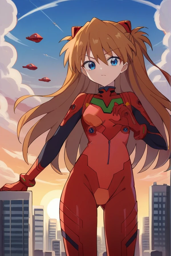 score_9, score_8_up, score_7_up, score_6_up, score_5_up, score_4_up,
BREAK source_anime, 
asukalangley, <lora:asuka_langley_soryuu-sdxl-lora-nochekaiser:1>,
asuka langley soryu, long hair, bangs, blue eyes, brown hair, hair ornament,
bodysuit, pilot suit, plugsuit, (red bodysuit:1.5), interface headset,
outdoors, city, cityscape, sky, sun, clouds,
looking at viewer, cowboy shot,