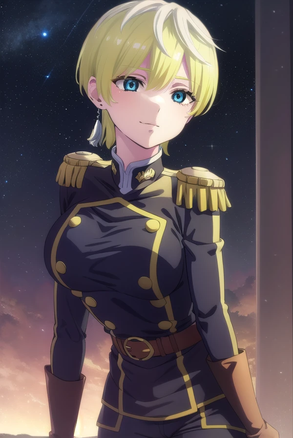 tenkaizumo, <lora:tenka izumo s1-lora-nochekaiser:1>,
tenka izumo, short hair, blue eyes, blonde hair, smile,
BREAK thighhighs, gloves, jewelry, earrings, boots, shorts, belt, uniform, military, military uniform, thigh boots, epaulettes,
BREAK outdoors, space, starry sky, star \(sky\), moon,
BREAK looking at viewer, (cowboy shot:1.5),
BREAK <lyco:GoodHands-beta2:1>, (masterpiece:1.2), best quality, high resolution, unity 8k wallpaper, (illustration:0.8), (beautiful detailed eyes:1.6), extremely detailed face, perfect lighting, extremely detailed CG, (perfect hands, perfect anatomy),