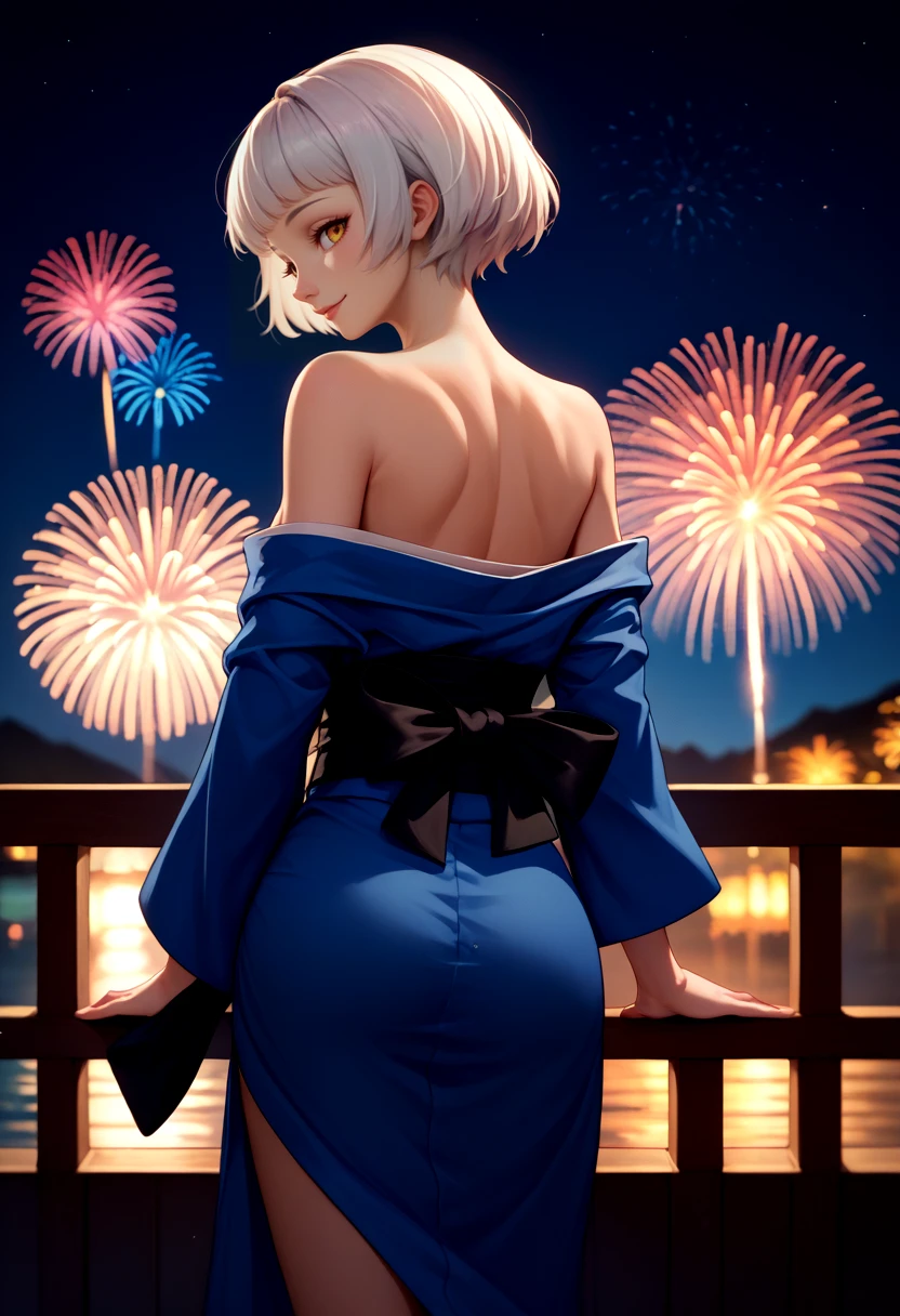 score_9, score_8_up, score_7_up, from behind, solo, 1girl, p3elizabeth, slight smile, looking back, blue kimono, off shoulder, black sash, bare shoulders, fireworks <lora:persona3_elizabeth_ponyXL:1>