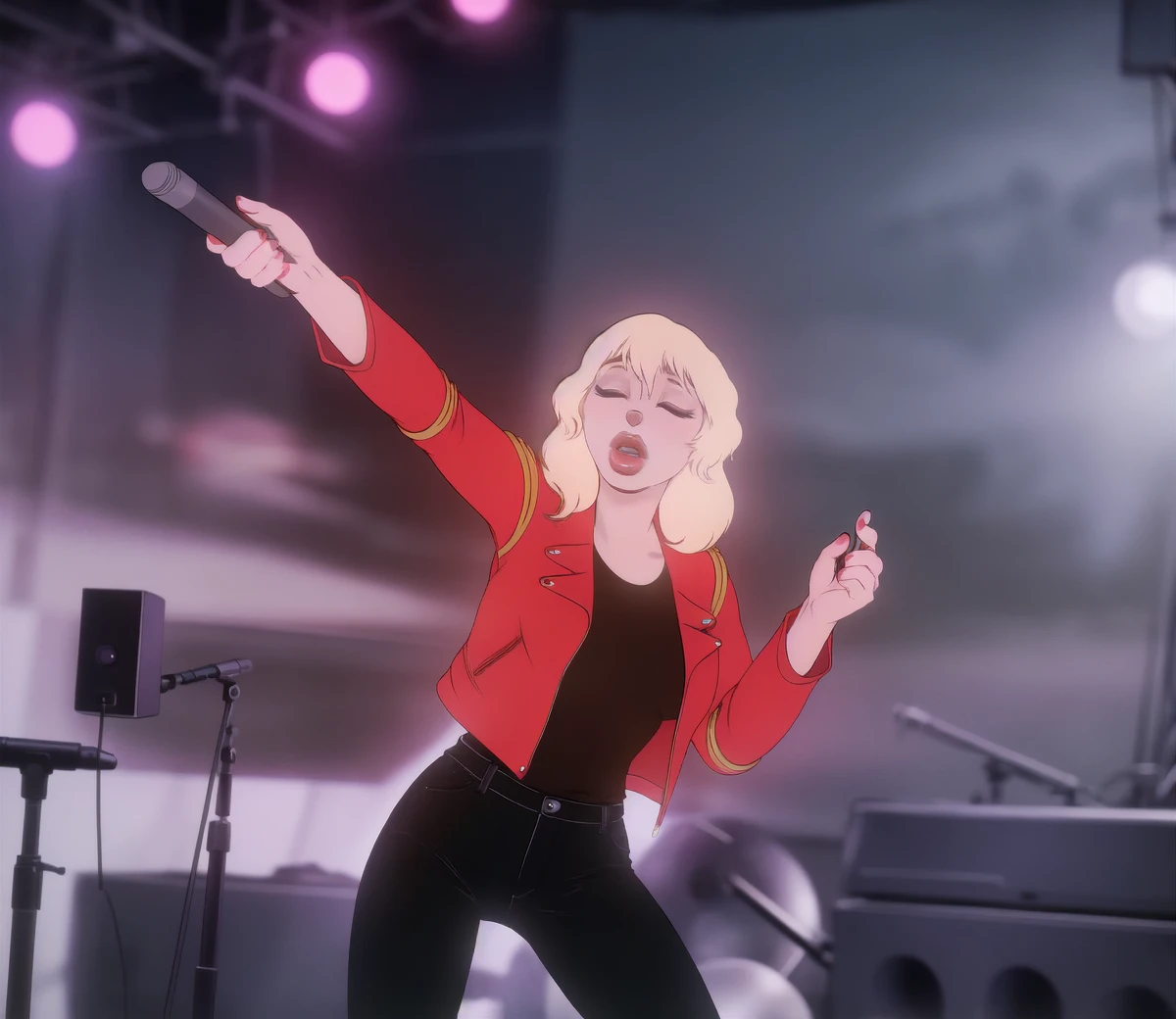 detailed background, solo, ang3l, female, blonde hair, closed eyes, open mouth, lips, singing, holding microphone, red jacket, black shirt, black pants, reaching, <lora:AngelRR-01-BB95:1>
