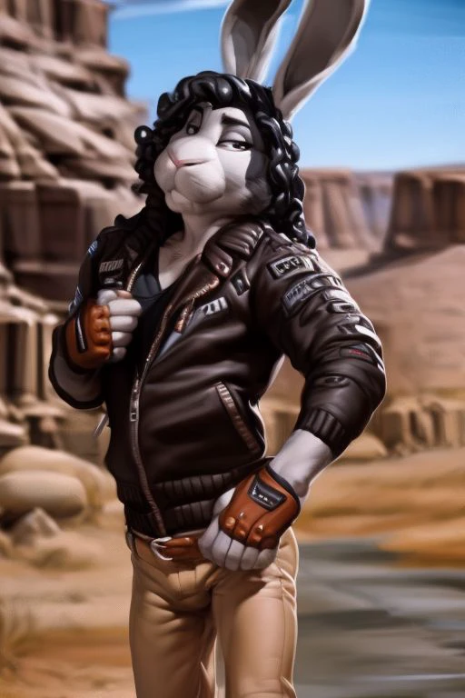 (by Meesh:1), (by darkgem:0.8), (by chunie:1), masterpiece, looking at viewer, detailed fur, male, anthro, ((photorealistic)) <slora:add_detail:0.4> (Spike), (Rabbit), (Grey Fur), (leather jacket), (fingerless gloves), (black hair, long hair), (jheri curls), (rabbit Ears), (dancing)