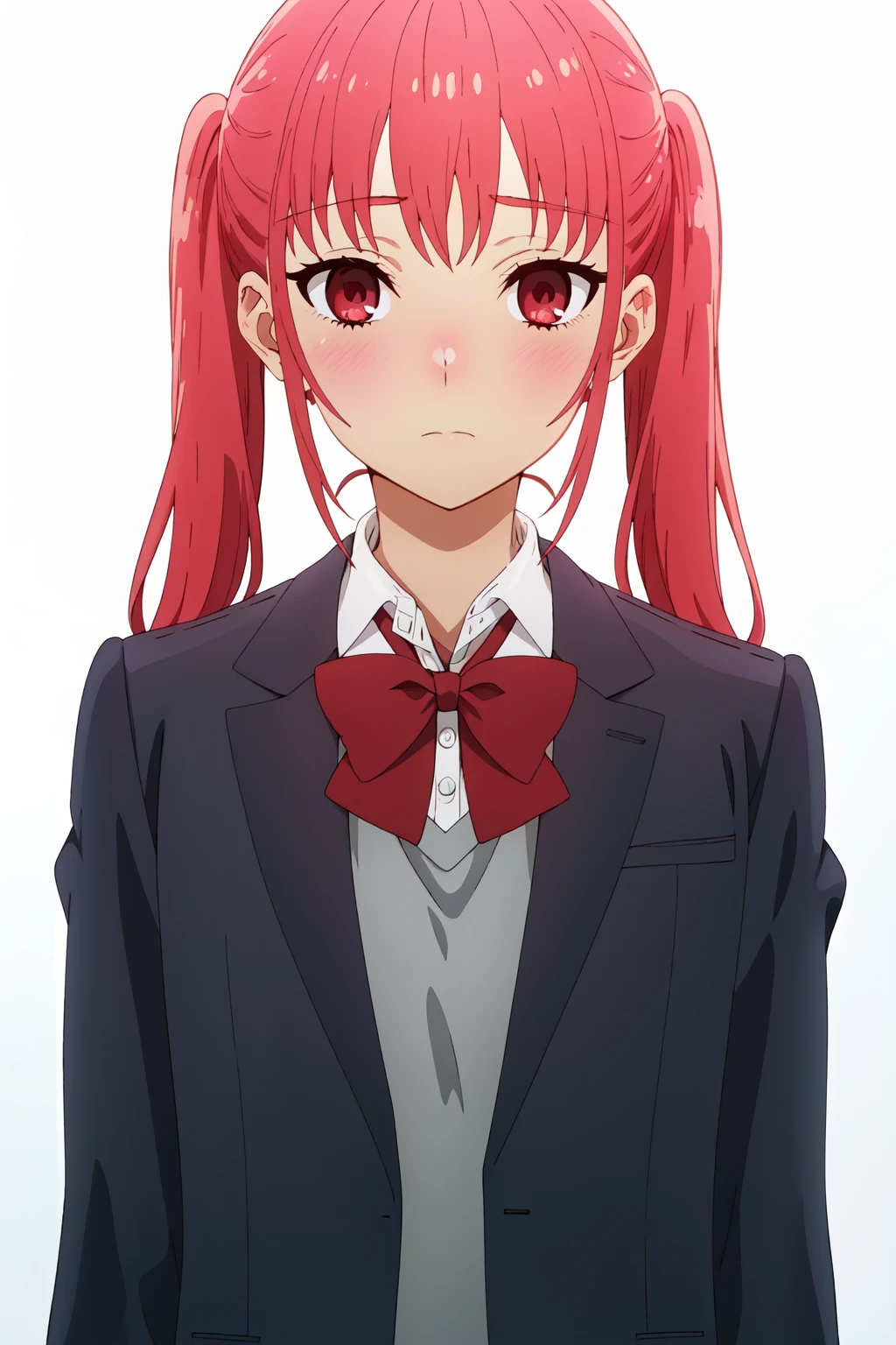 <lora:anime_screencap_v2:0.3>
portrait, solo focus, solo, close-up, (white background, plain background, simple background:1.3), looking at viewer
<lora:hori_remi-03:0.8> horimiya_remi, 1girl, solo, twintails, bow, bowtie, school uniform, red bow, blush, jacket, red bowtie, closed mouth, upper body, red eyes, red hair, shirt, pink hair, looking at viewer, long hair, white shirt, collared shirt, wing collar, pink eyes, blazer, vest