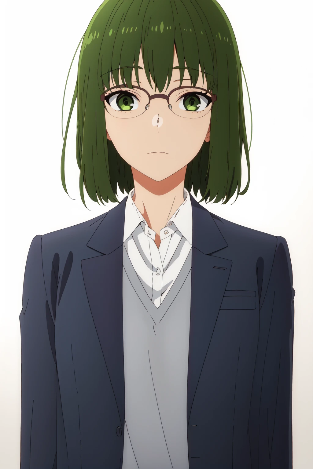 <lora:anime_screencap_v2:0.3>
portrait, solo focus, solo, close-up, (white background, plain background, simple background:1.3), looking at viewer
<lora:hori_sakura-03:0.8> horimiya_sakura, 1girl, green eyes, solo, glasses, green hair, short hair, looking at viewer, upper body, jacket, shirt, collared shirt, expressionless, bob cut, closed mouth, blazer, white shirt, bangs, indoors, school uniform