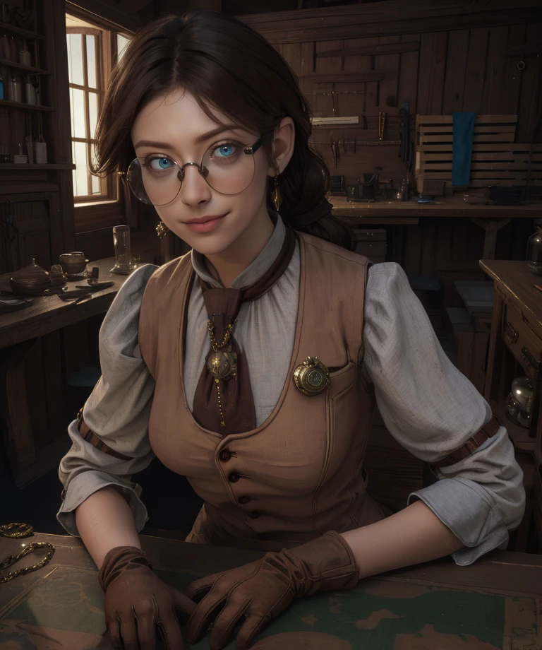 eugenie,brown hair,single ponytail,blue eyes,glasses,light smile,
bolo tie,brown vest,brown gloves,jewelry,looking at viewer,chain,
workshop,table,sitting,night,
(insanely detailed, beautiful detailed face, masterpiece, best quality),solo,<lora:eugenie:0.8>,