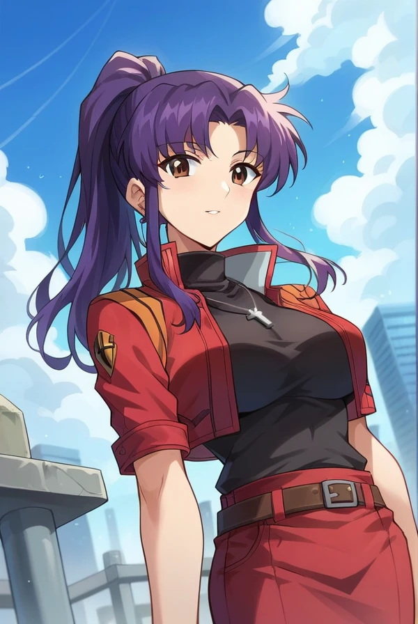 score_9, score_8_up, score_7_up, score_6_up, score_5_up, score_4_up,
BREAK source_anime, 
misatokatsuragi, <lora:misato_katsuragi_rebuild-sdxl-lora-nochekaiser:1>,
misato katsuragi, long hair, brown eyes, purple hai, parted bangs, ponytail, sidelocks, mature female,
skirt, jewelry, jacket, belt, necklace, uniform, cross, red jacket, pencil skirt, cross necklace, red skirt, black shirt, turtleneck, cropped jacket,
outdoors, city, sky, clouds,
looking at viewer, dutch angle,