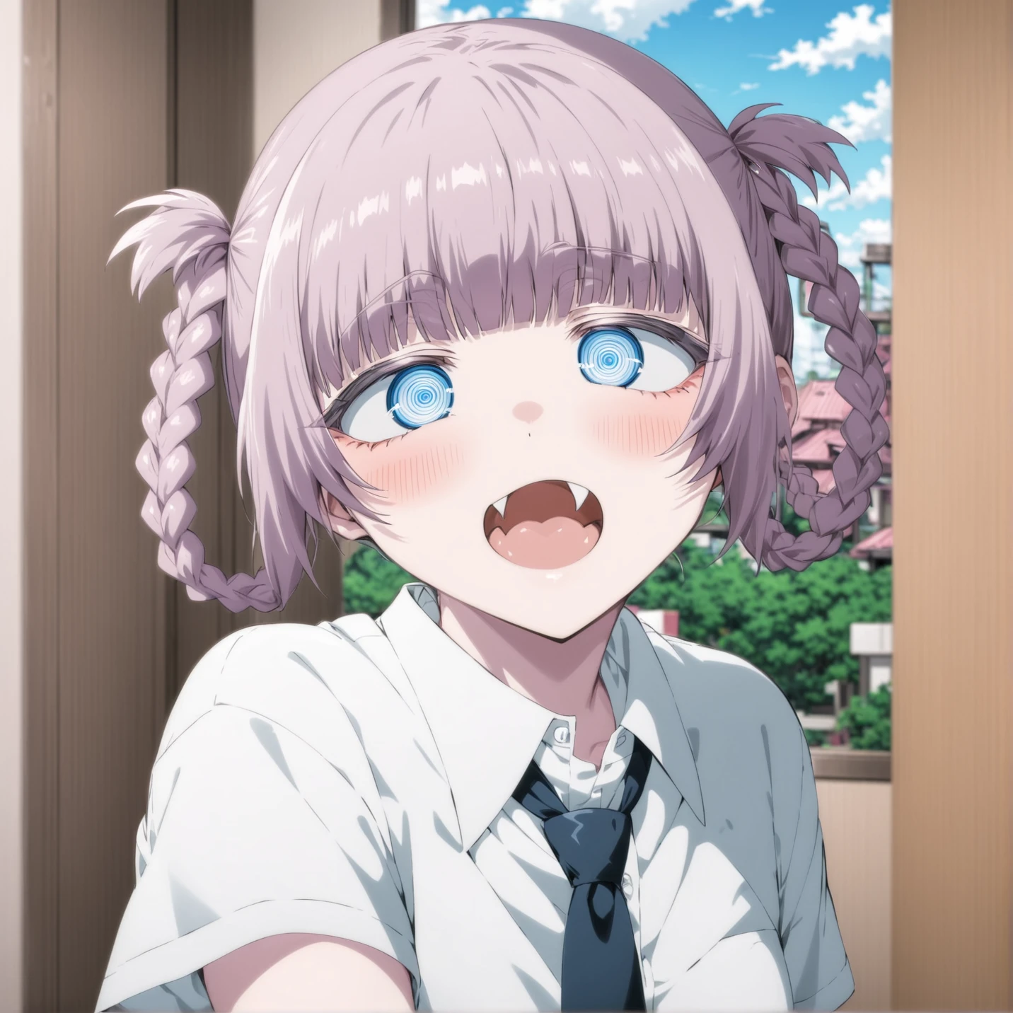 nanakusa_nazuna_xl, nanakusa nazuna \(yofukashi no uta\), anime girl with pigtails and a white shirt and tie, blurry foreground, blurry background, blurry, depth of field, photo background, motion blur, 1girl, blunt bangs, hair rings, solo, braid, open mouth, fang, ringed eyes, blue eyes, bangs, building, twintails,
best quality, (masterpiece:1.2), highly detailed,
<lora:nanakua_nazuna_xl:1.2>