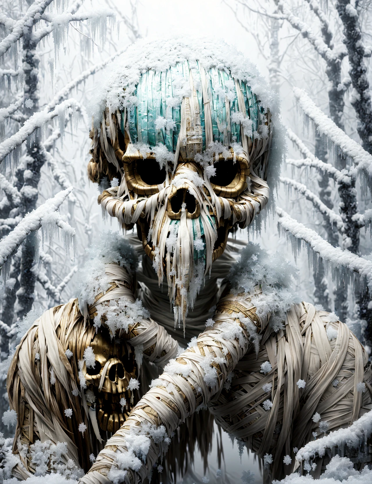 masterpiece, awesome quality, hyper detailed, DonMM00mm13s bandages, wrapped, selkie, mythical creature, gaunt emaciated humanoid, skull-like antlered head, sharp elongated talons covered in ice and frost and rime, winter wilderness, glowing eyes, curse, supernatural transformation , <lora:DonMM00mm13s-000006:0.9>