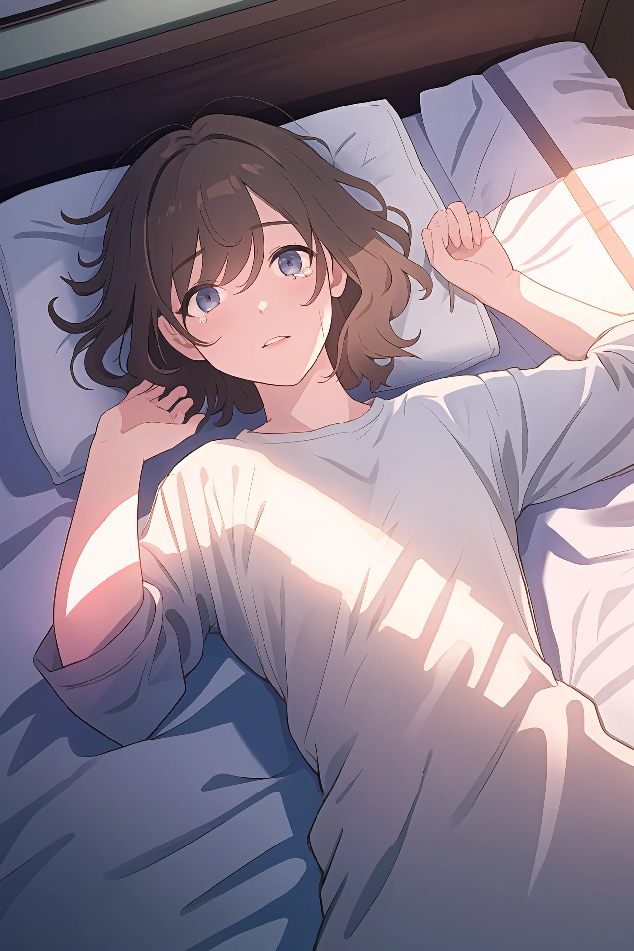 (best quality, masterpiece, highres),1girl,solo,teardrop,lying,on bed,bed,indoors,from above,looking at viewer,upper body,messy,
<lora:a beam of light_v1.04:1>,light rays,dark,shadow,night,