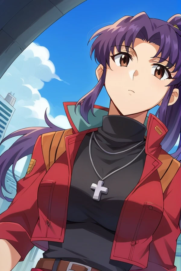 score_9, score_8_up, score_7_up, score_6_up, score_5_up, score_4_up,
BREAK source_anime, 
misatokatsuragi, <lora:misato_katsuragi_rebuild-sdxl-lora-nochekaiser:1>,
misato katsuragi, long hair, brown eyes, purple hai, parted bangs, ponytail, sidelocks, mature female,
skirt, jewelry, jacket, belt, necklace, uniform, cross, red jacket, pencil skirt, cross necklace, red skirt, black shirt, turtleneck, cropped jacket,
outdoors, city, sky, clouds,
looking at viewer, dutch angle,