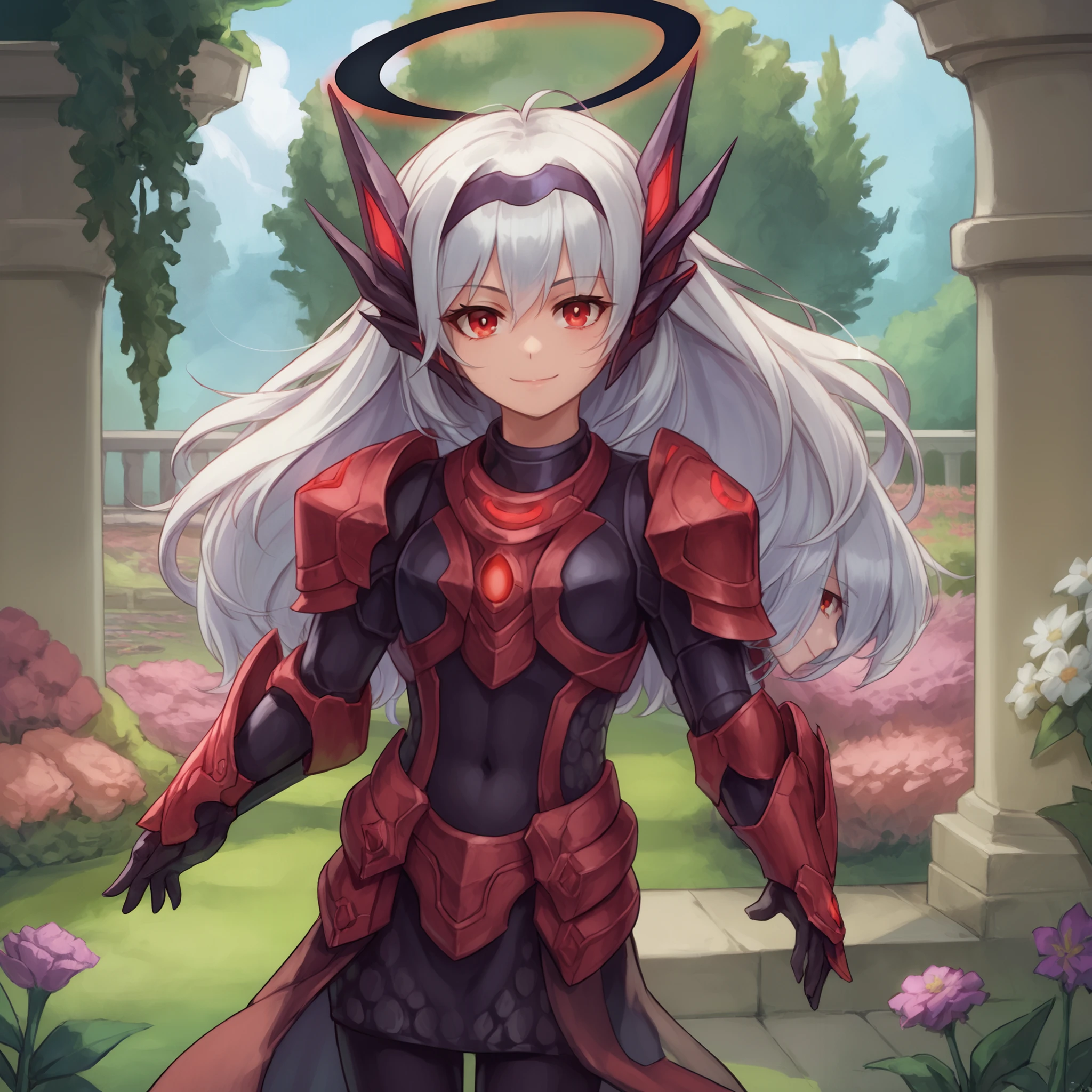 score_9, score_8_up, score_7_up, source_anime, cowboy shot, standing,
darkmel, white hair, red eyes, halo, armor, looking at viewer, evil smile, closed mouth,
garden,  <lora:2024-02-25_02-12-57-save-960-4-0:0.8>   <lora:kittew-artist-richy-v1_pdxl:0.8>