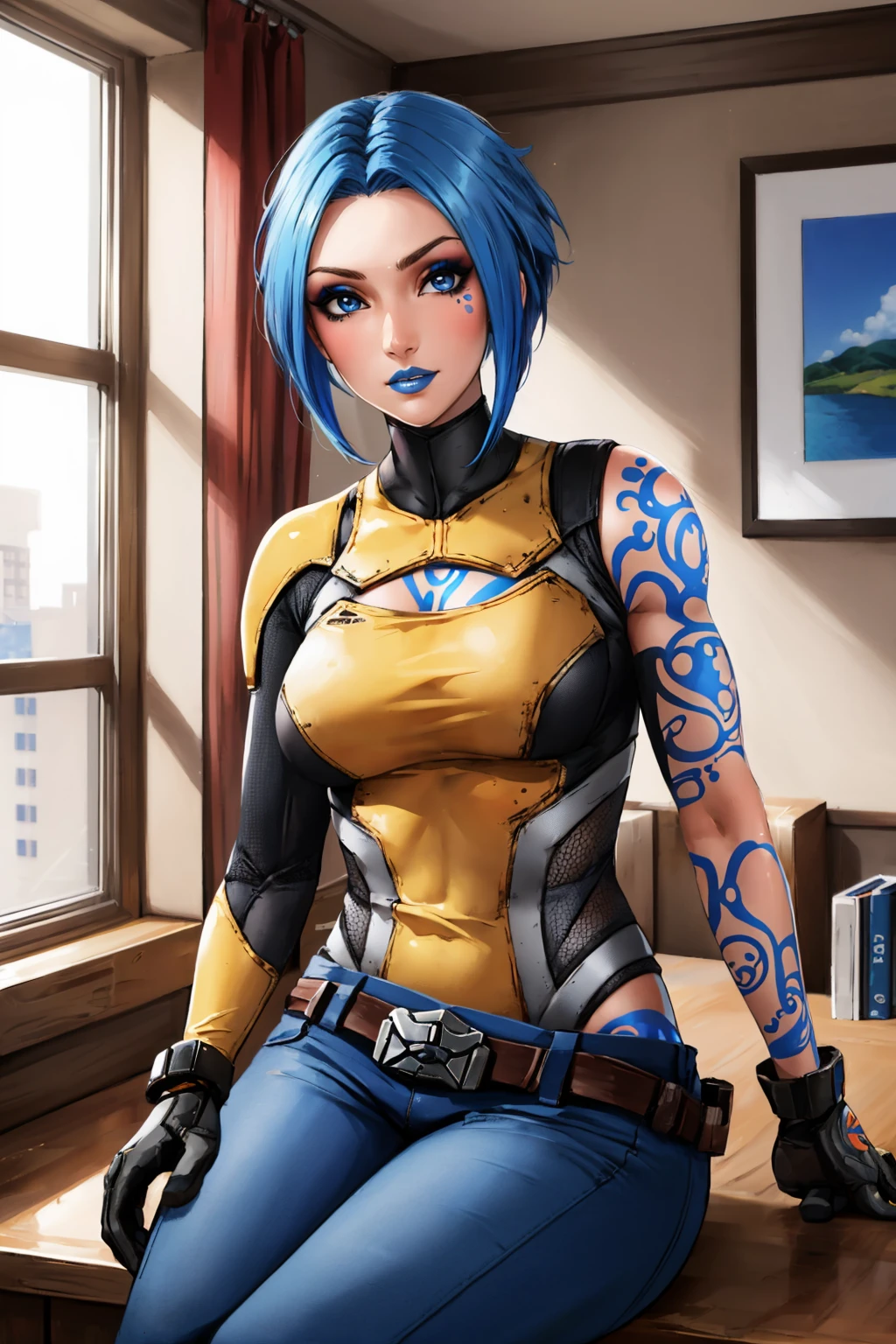masterpiece, best quality, 1girl, solo, breasts, <lora:mayabl2-guy-v3:.95>, mayabl2, tattoo, makeup, blue lips, gloves, bodysuit, belt, pants, sitting, indoors, window, sunlight,