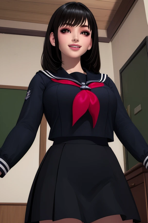 Itoha,brown eyes,black hair,long hair,bangs,
sailor collar,black skirt,black school uniform,black shirt,long sleeves,
home,indoors,smile,
(insanely detailed,masterpiece, best quality),solo,<lora:ItohaKamiizumi:0.8>,