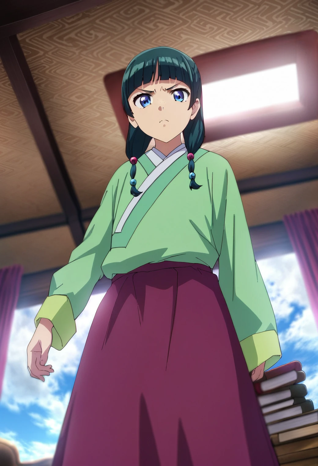 1girl, maomao, <lora:maomao_ponyxl_v1:1>, solo, green hair, long hair, blue eyes, BREAK
blurry foreground, bookshelf, ceiling, closed mouth, depth of field, from below, indoors, looking down, angry, freckles, light green hanfu, default clothes, chinese clothes, long sleeves, wide sleeves, red hakama, default hairstyle, sidelocks, blunt bangs, hair beads, hair over shoulder, standing, low twintails, BREAK
score_9, score_8_up, score_7_up, score_6_up, anime, BREAK
(high quality, detailed, beautiful), shiny, detailed beautiful eyes, outstanding, countershading, detailed soft lighting