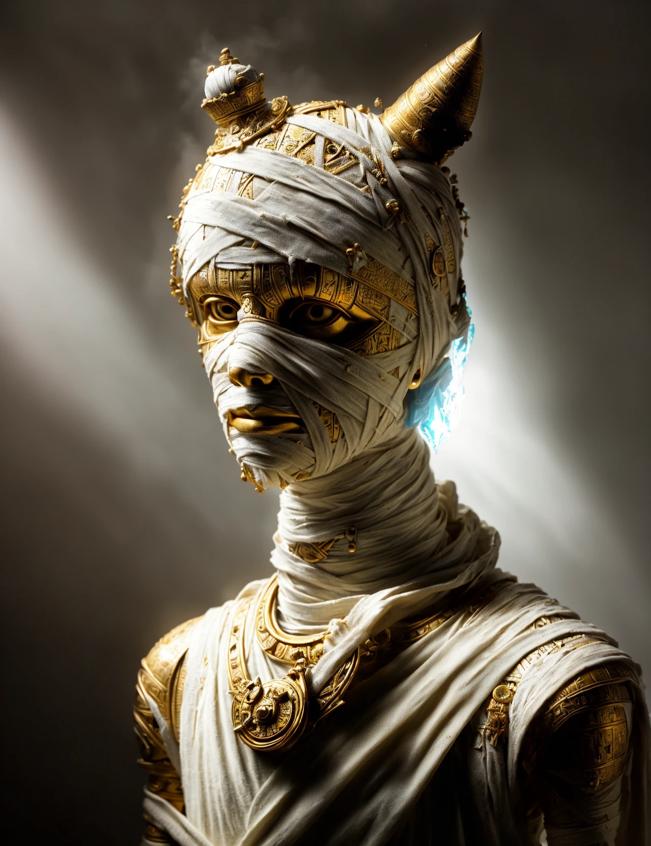 masterpiece, awesome quality, hyper detailed, DonMM00mm13s bandages, wrapped, centaur, elemental mysterious enchanting floating transluscent face made of sphereshaped foggy diffuse spirit light, small, flickering ethereal appearance, white, natural , <lora:DonMM00mm13s-000006:1>