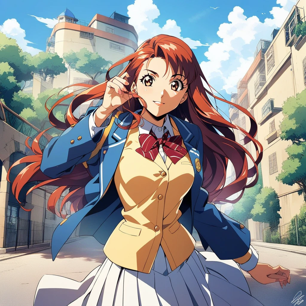 1girl,seigura,solo,school uniform,long hair,outdoors,<lora:seigura:1>,