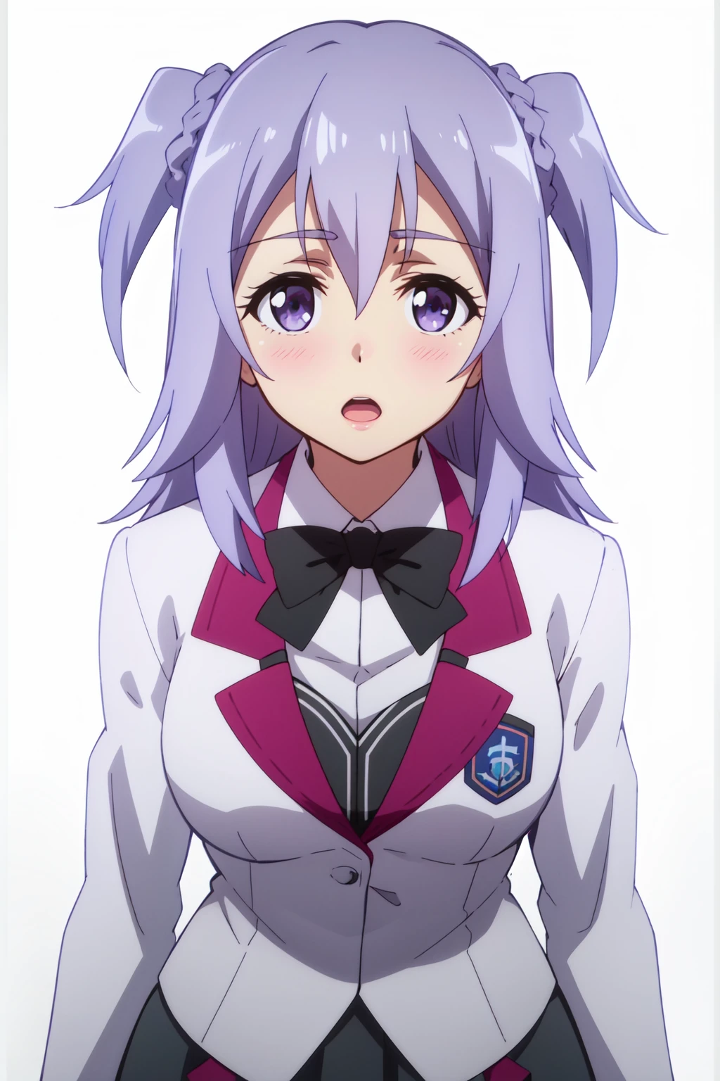 <lora:anime_screencap_v2:0.3>
portrait, solo focus, solo, close-up, (white background, plain background, simple background:1.3), looking at viewer
 <lora:asterisk_kirin-03:0.8> asterisk_kirin, 1girl, solo, long hair, open mouth, two side up, looking at viewer, blush, skirt, school uniform, purple eyes, light purple hair, bow, hair between eyes, bowtie, pleated skirt, long sleeves, purple hair