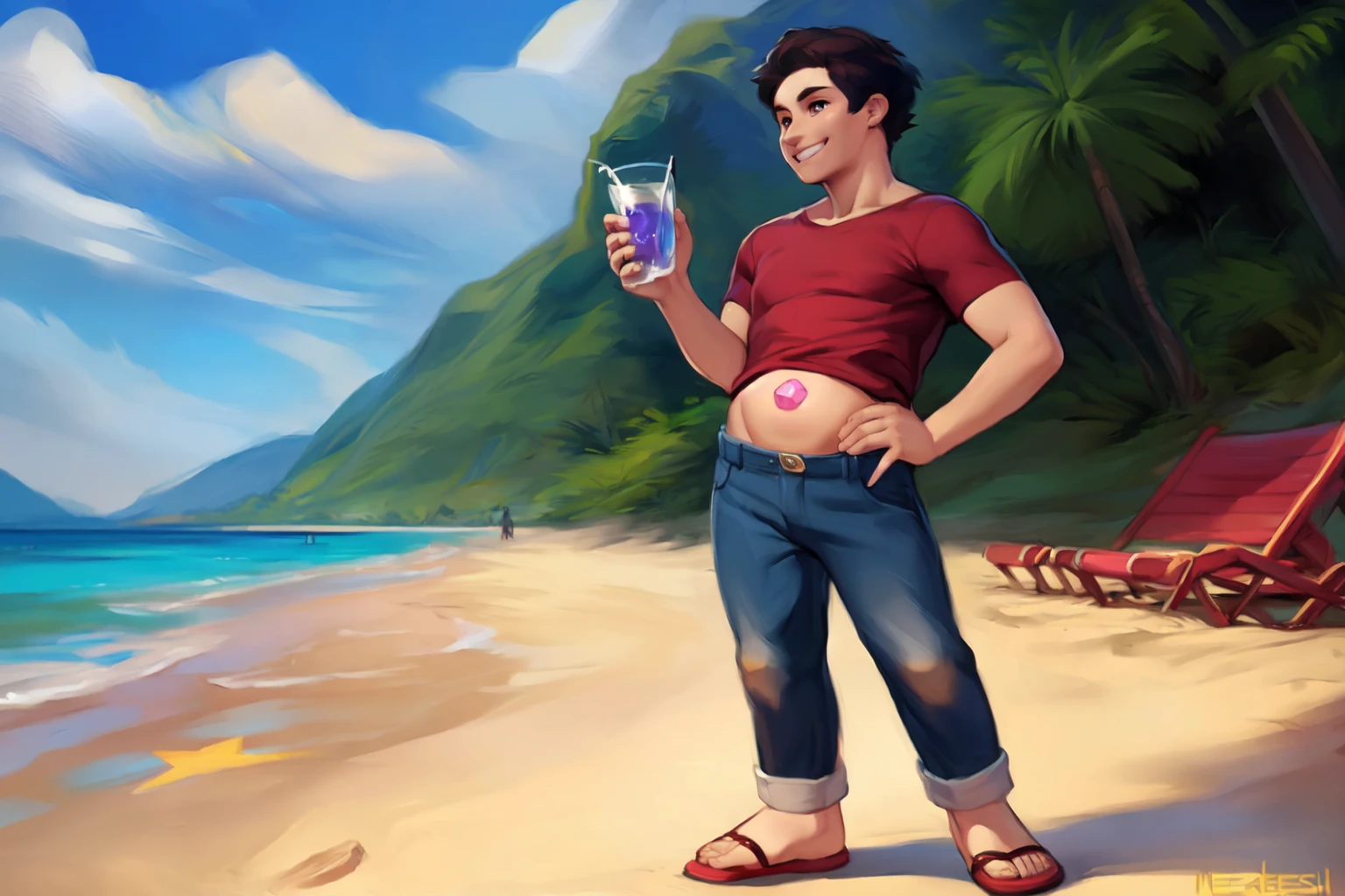 masterpiece,best quality,ultra_detailed,highres, (by zackary911, by chunie, (by meesh:1.2), by kiyosan, by sigma x), (outdoors beach, crowded), <lora:StevenQUniverseV1.1:0.8>,stevenquniverse, pink navel gem,black eyes, black curly hair, male focus,male, solo, detailed eyes,blue jeans,red tshirt star (symbol), red sandals,full body,happy,one hand on hip,looking at viewer,(Human:1.9), (detailed),male focus, holding a drink, smiling,, intricate, elegant, highly detailed, digital painting, artstation, concept art, smooth, sharp focus, illustration, art by wlop, charlie bowater and alexandra fomina