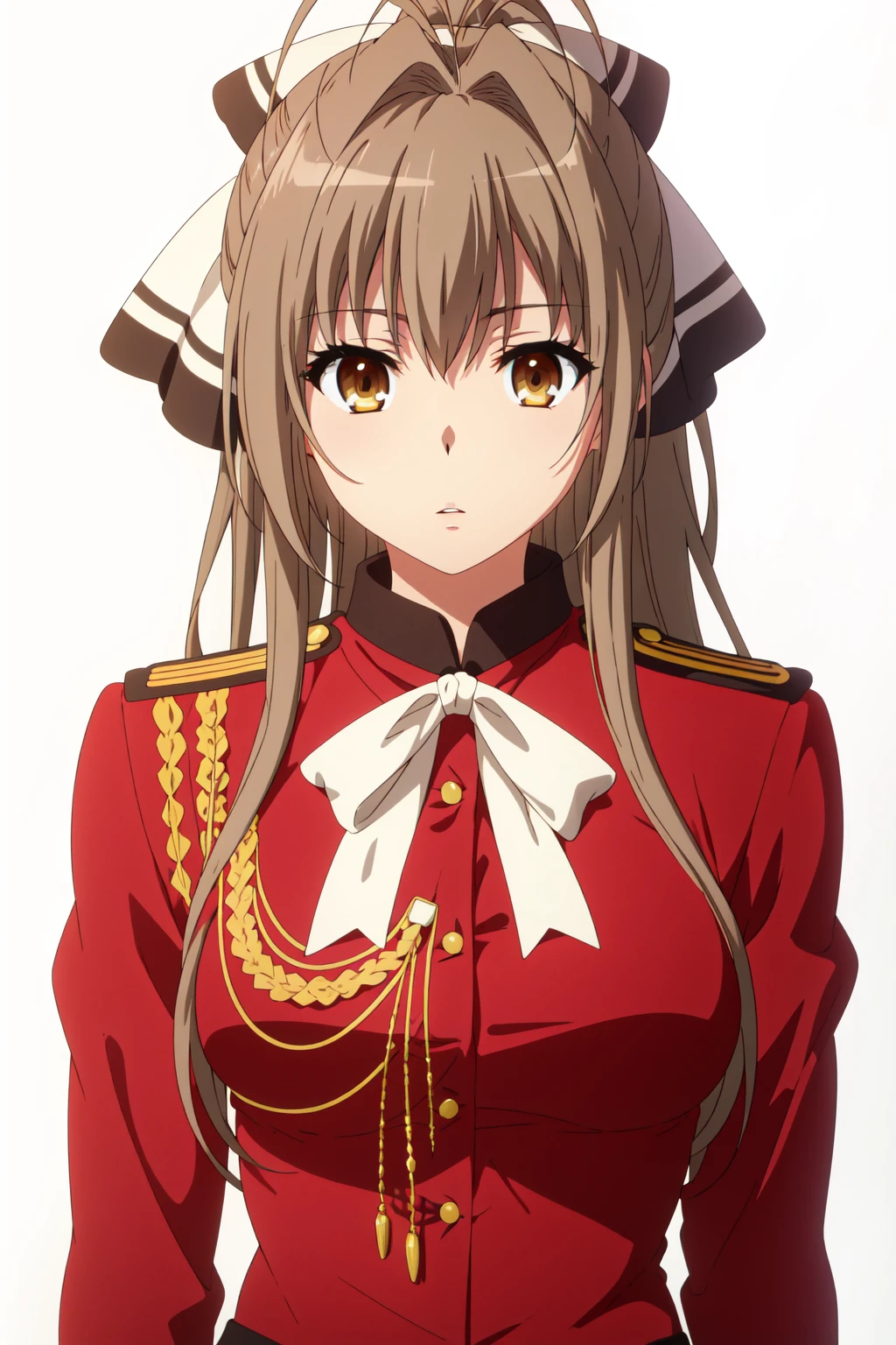 <lora:anime_screencap_v2:0.3>
portrait, solo focus, solo, close-up, (white background, plain background, simple background:1.3), looking at viewer, (parted lips:1.2)
<lora:amagi_main:0.8> amagi_main, sento isuzu, 1girl, solo, antenna hair, long hair, brown hair, bow, aiguillette, ponytail, brown eyes, hair intakes, hair bow, upper body, white bow, uniform, hair between eyes, expressionless, ribbon, blurry, epaulettes, bowtie, white bowtie, indoors, looking at viewer, closed mouth, bangs, yellow eyes, sidelocks, jacket, hair ribbon, military uniform, military