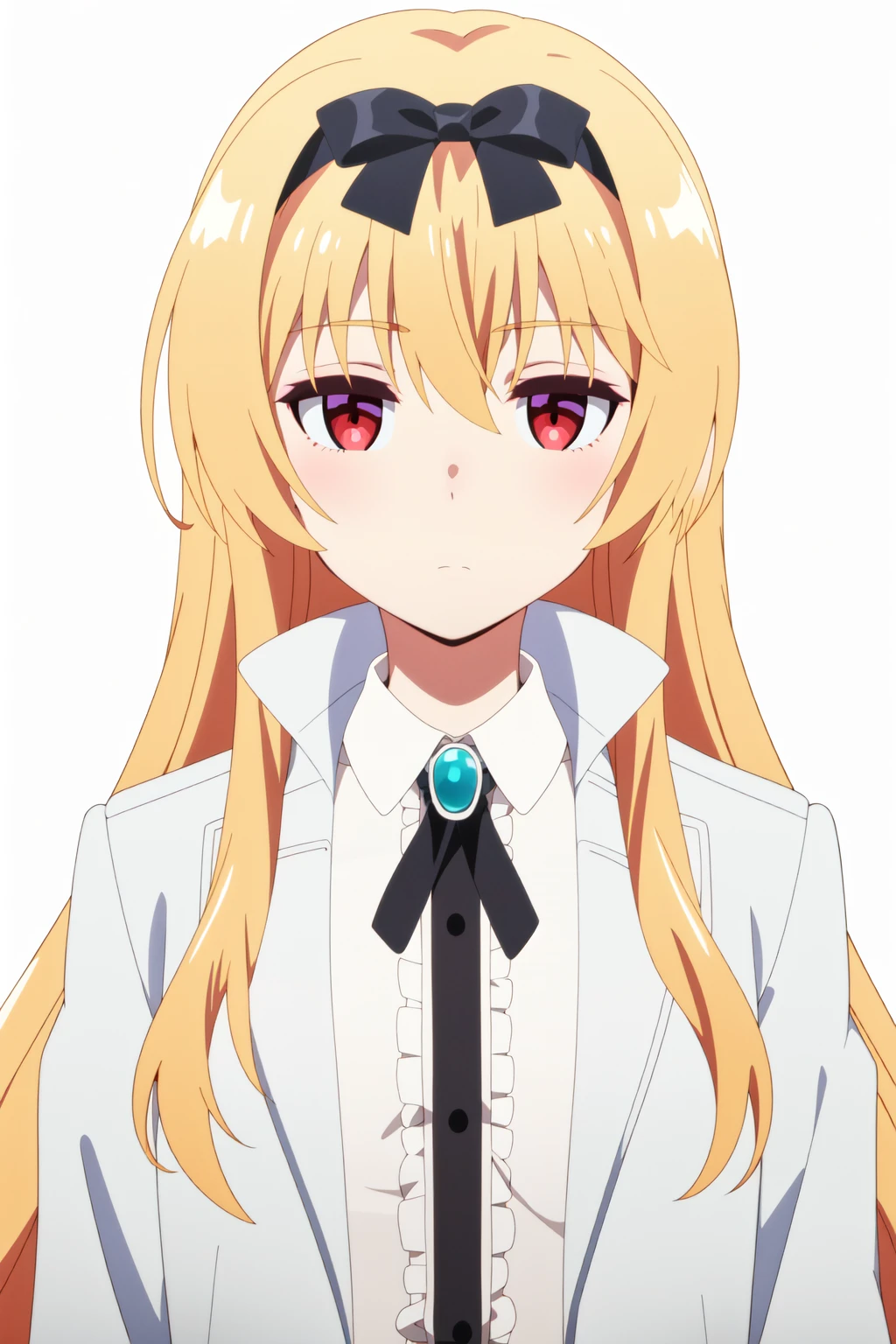mature male, tall male, tall, long legs, adult, lean muscle, <lora:anime_screencap_v2:0.3>
portrait, solo focus, solo, close-up, (white background, plain background, simple background:1.3),
<lora:arifureta_yue-03:0.8> arifureta_yue, 1girl, long hair, solo, blonde hair, red eyes, looking at viewer, hair bow, bow, black bow, hairband, shirt, hair between eyes, upper body, anime coloring, bangs, white shirt, ribbon, closed mouth, very long hair, black ribbon, jewelry, black hairband, brooch, outdoors, collared shirt, frills