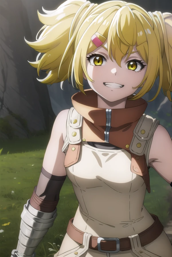 oikatzo, <lora:oikatzo s1-lora-nochekaiser:1>,
oikatzo, blonde hair, hair ornament, twintails, (yellow eyes:1.3), hairclip, short twintails, smile, grin,
BREAK gloves, belt, fingerless gloves, red gloves,
BREAK outdoors, forest,
BREAK looking at viewer, (cowboy shot:1.5),
BREAK <lyco:GoodHands-beta2:1>, (masterpiece:1.2), best quality, high resolution, unity 8k wallpaper, (illustration:0.8), (beautiful detailed eyes:1.6), extremely detailed face, perfect lighting, extremely detailed CG, (perfect hands, perfect anatomy),