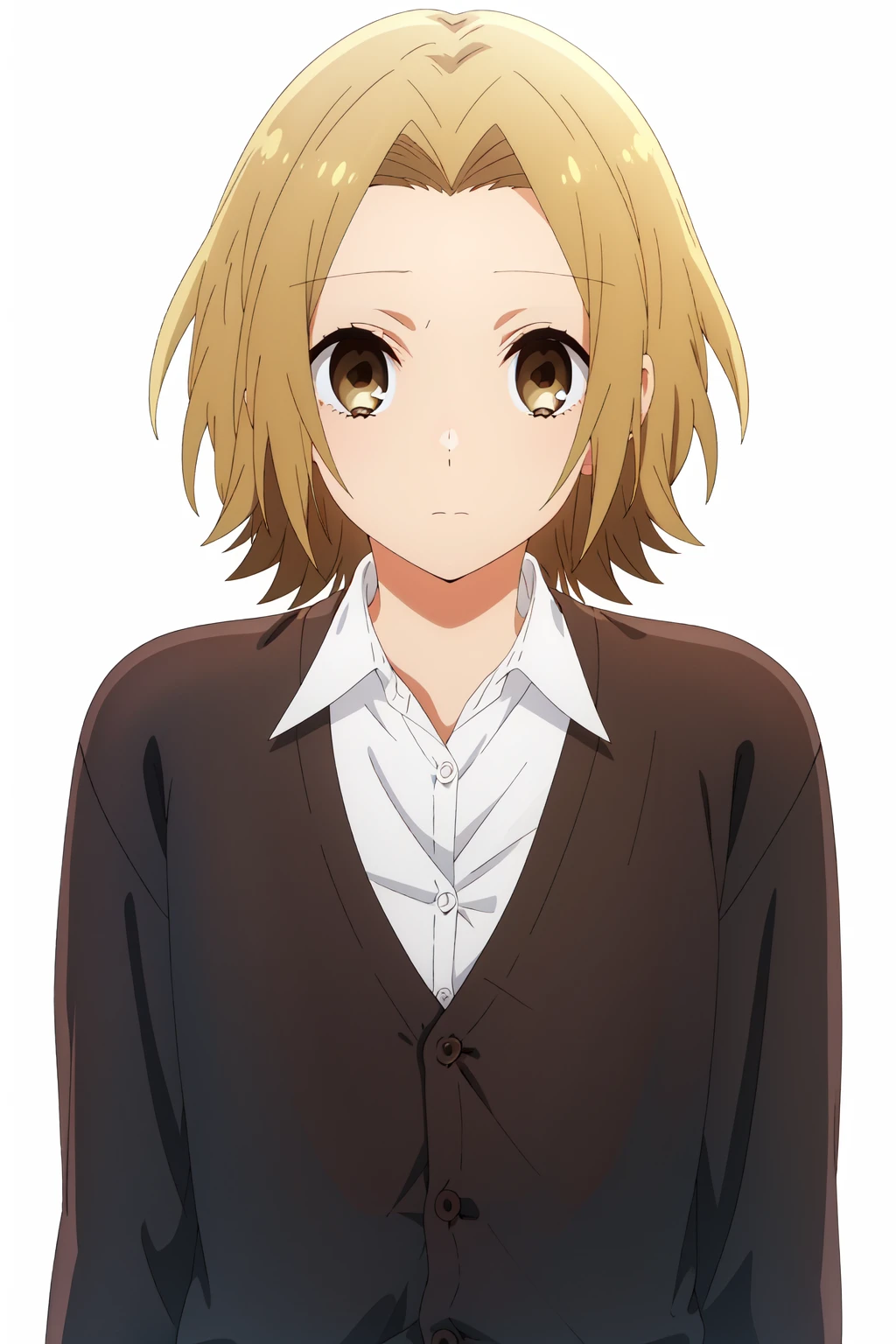 <lora:anime_screencap_v2:0.3>
portrait, solo focus, solo, close-up, (white background, plain background, simple background:1.3), looking at viewer
<lora:hori_yuki-03:0.9> horimiya_yuki, 1girl, tainaka ritsu, solo, brown hair, short hair, brown eyes, shirt, cardigan, school uniform, upper body, white shirt, hairband, collared shirt, expressionless