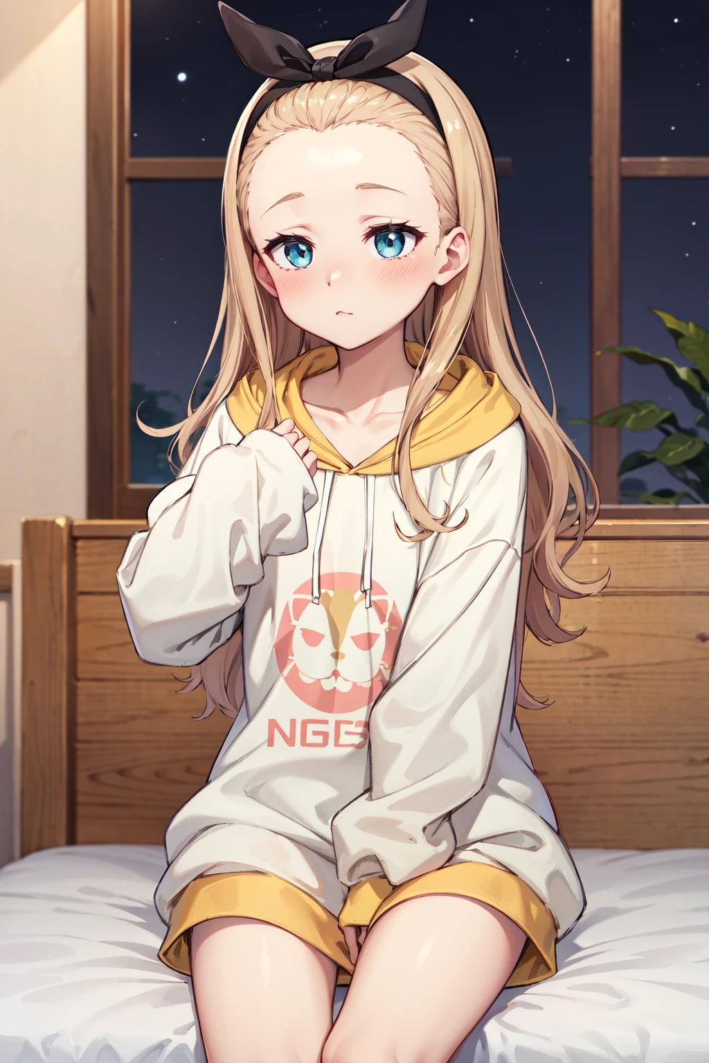 masterpiece,best quality,highres,ultra-detailed,kurumi \(lycoris recoil\),long hair,black hairband,hair ribbon,forehead,collarbone,hoodie,white hoodie,drawstring,long sleeves,sleeves past fingers,barefoot,<lora:kurumi_(lycoris_recoil):0.8>,indoors,sitting,bed,blush,(embarrass:1.2),(night:1.4),