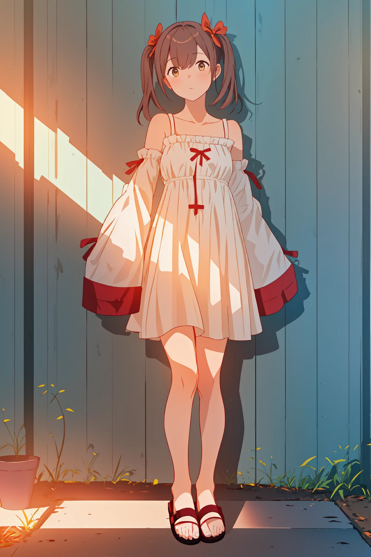 (best quality, masterpiece, highres),1girl,solo,one side up,sandals,single_detached_sleeve,female pov,wall,wooden wall,outdoors,
<lora:a beam of light_v1.04:1>,light rays,