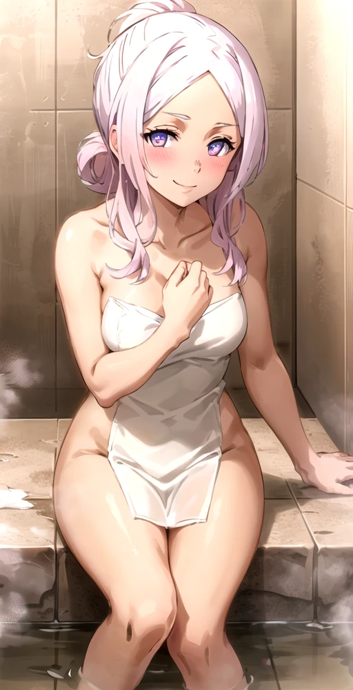 HibanaV2, 1girl, solo, looking at viewer, blush, smile, bath, alternate hairstyle, hair up, sitting in bath water, tiles, holding towel, (nude, naked), steam, perfect quality, good quality, masterpiece, HDR, UHD <lora:Hibana V2-000003:0.6>