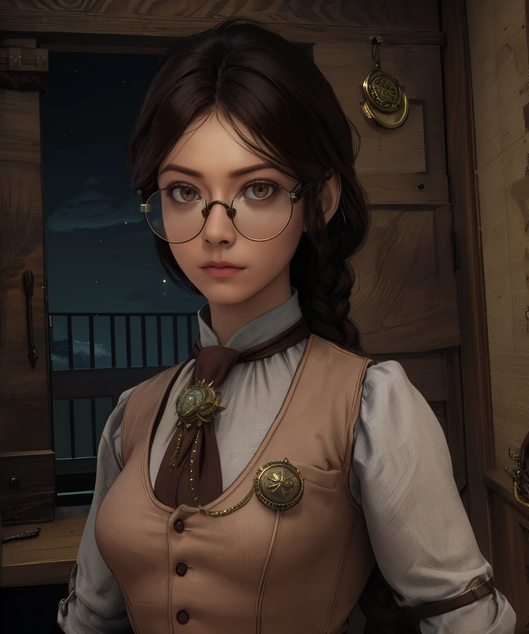 eugenie, brown hair, low ponytail, blue eyes, glasses, light smile,
shirt,bolo tie, brown vest, brown gloves, jewelry, looking at viewer,
workshop, table, sitting,
(insanely detailed, beautiful detailed face,beautiful detailed eyes, masterpiece, best quality),solo,
<lora:eugenie:0.8>