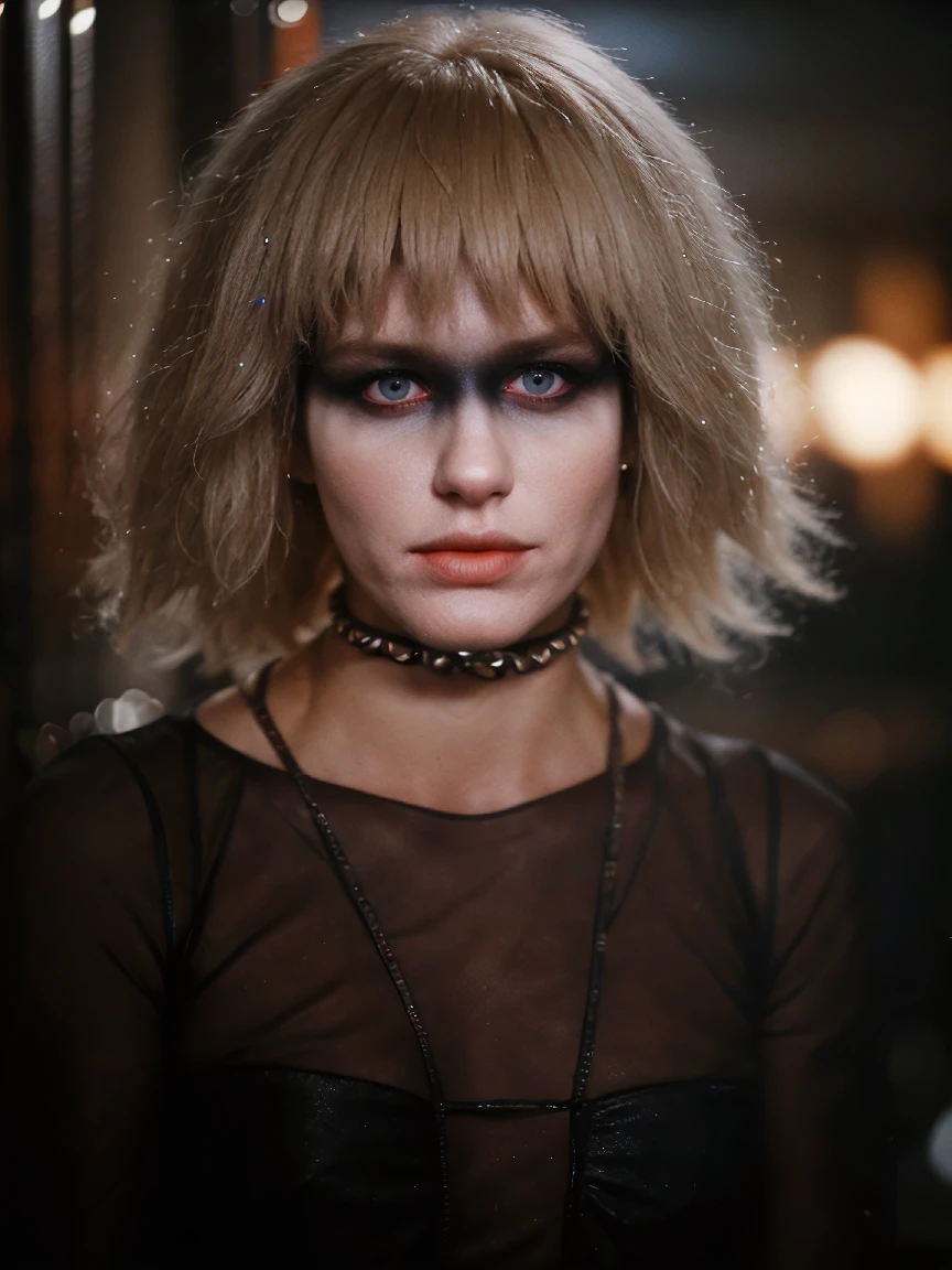 pr1s,blonde hair,eye make-up,sittin in a bar,dimly lit,(full body shot:1.2),black shirt,neck collar,volumetric fog,night,neon lights,raining,masterpiece,extremely detailed,intricated,add_detail,extremely detailed,masterpiece