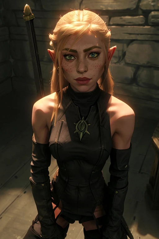 woman posing with a sword, <lora:4mal3a:1> woman with the same face as 4mal3a, green eyes,(freckles:1.2), long blonde hair,long pointy ears, pointy ears, <lora:Skyrim-DX-Celes-Nightingale-Outfit v2:0.7> skyrim-dx-celes-nightingale-outfit,fingerless gloves, bare shoulders, thighhighs, thigh boots, sword, sheath ,  <lora:Add More Details - Detail Enhancer - Tweaker:0.5>, <lora:Style_Arcane_LoL:0.8> arcane style