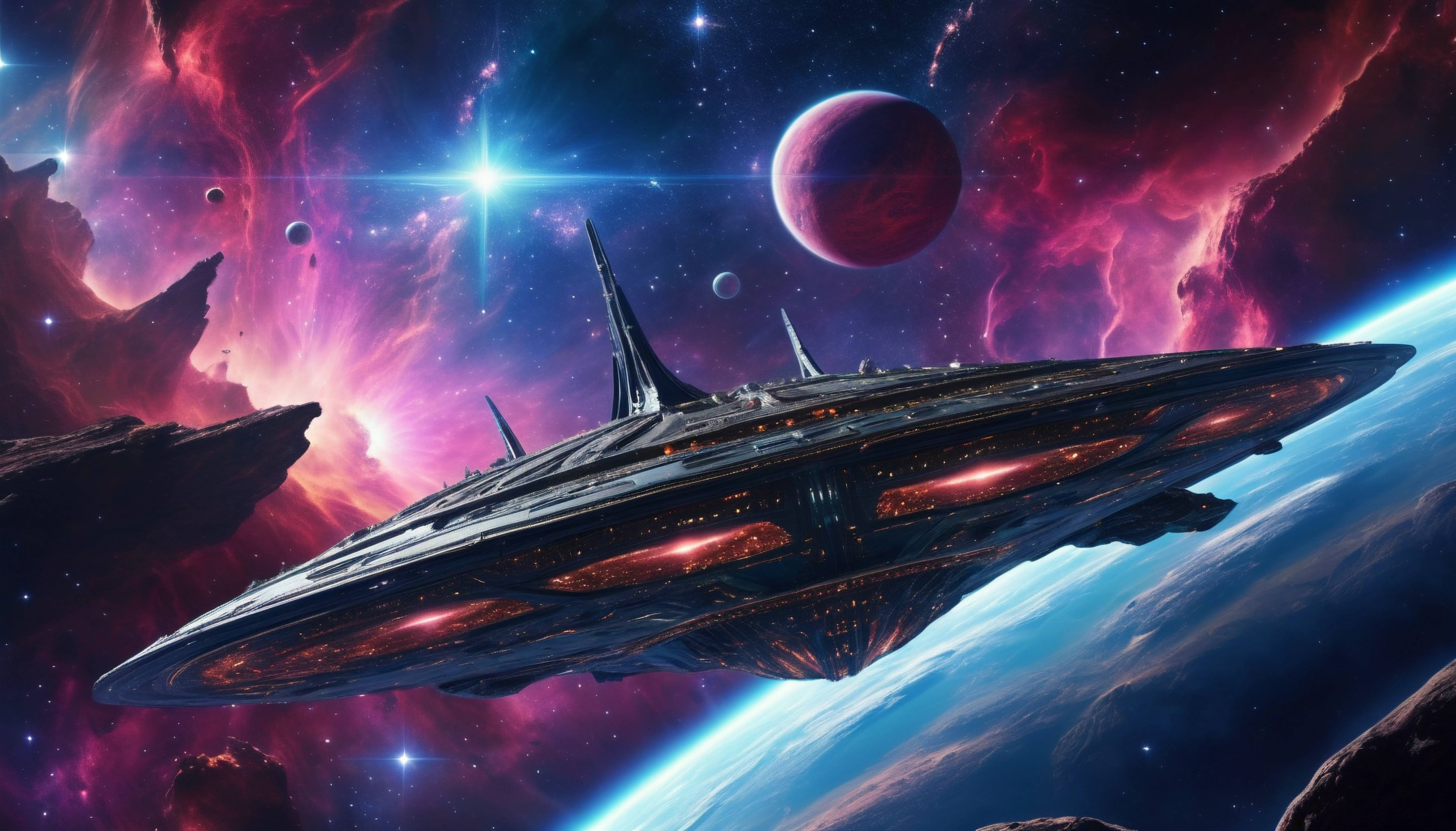 a photograph of a organic alien city ship, yawning in space amongst a beautiful nebula, 4k, amazing detail